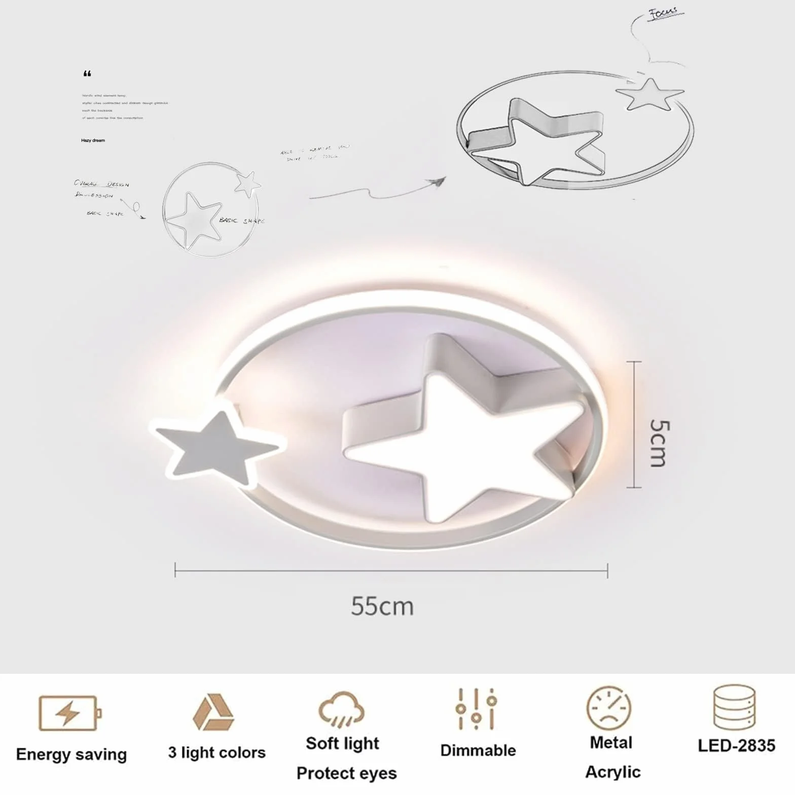 Biała Lampa Sufitowa LED | Nowoczesna Okrągła Lampa Dziecięca | Gwiazda Gwiaździste Niebo Dzieci Światło | Ø55cm 48W | Możliwość Przyciemniania Za Pomocą Pilota | Pokój Dziecięcy Chłopcy Dziewczęta
