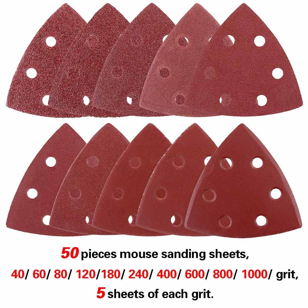 Glarks 50 sztuk 90 mm / 3,5 cala trójkątna mysz szczegółowa szlifierka papier ścierny hak i pętla różne 40/60/80/120/180/240/400/600/800/1000 ziarnistość do losowej szlifierki oscylnej (6 otworów)