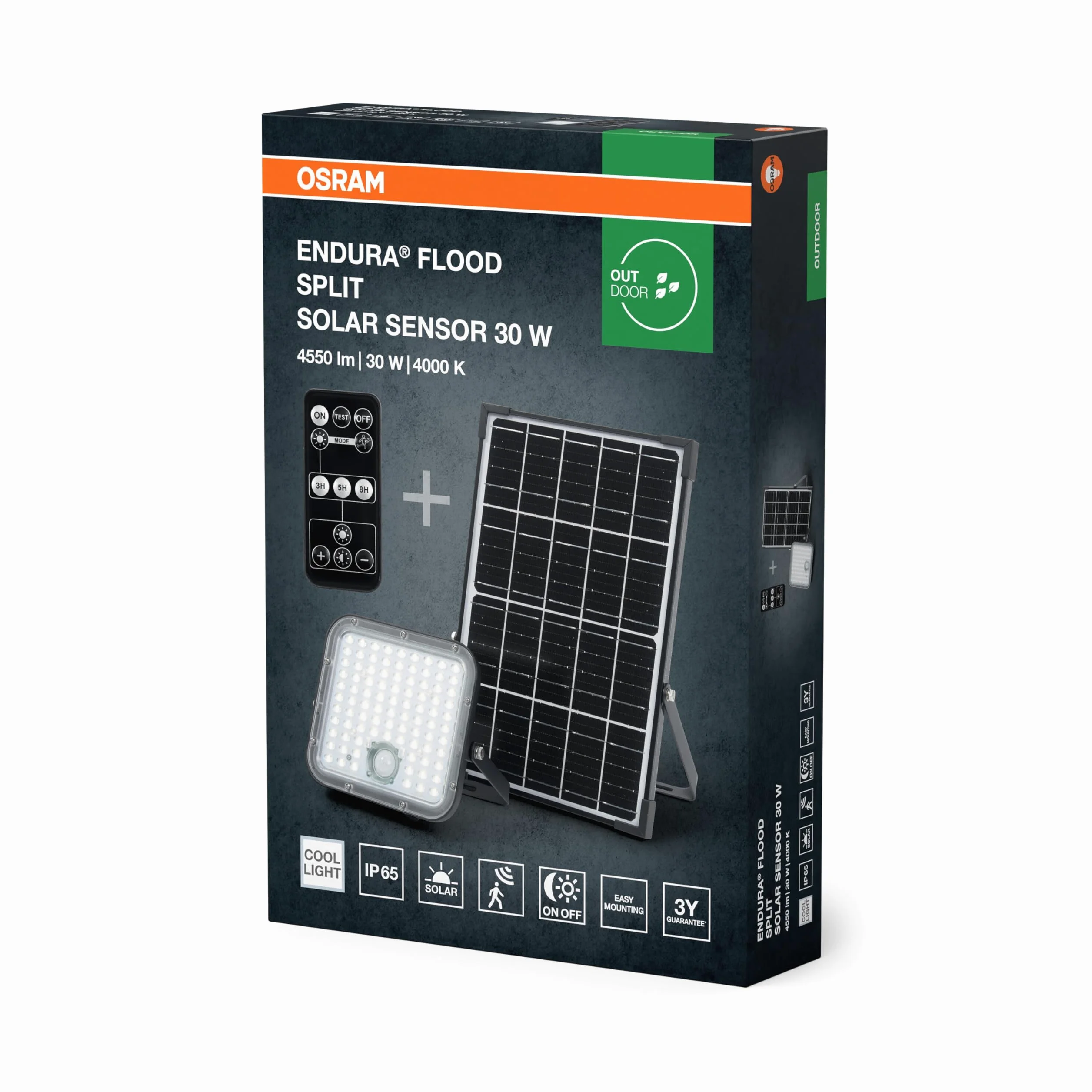 OSRAM LED-Solar-Außenleuchte Endura Outdoor schwarz mit Flutlicht und Solar-Panel, 5 m langes Kabel, mit Fernbedienung und PIR-Bewegungsmelder, 30 W, 4500 lm, 840, 4000 K Lichtfarbe, EEK A | ENDURA Flood Split Solar Sensor, Outdoor Lanterns, czarny, 35000