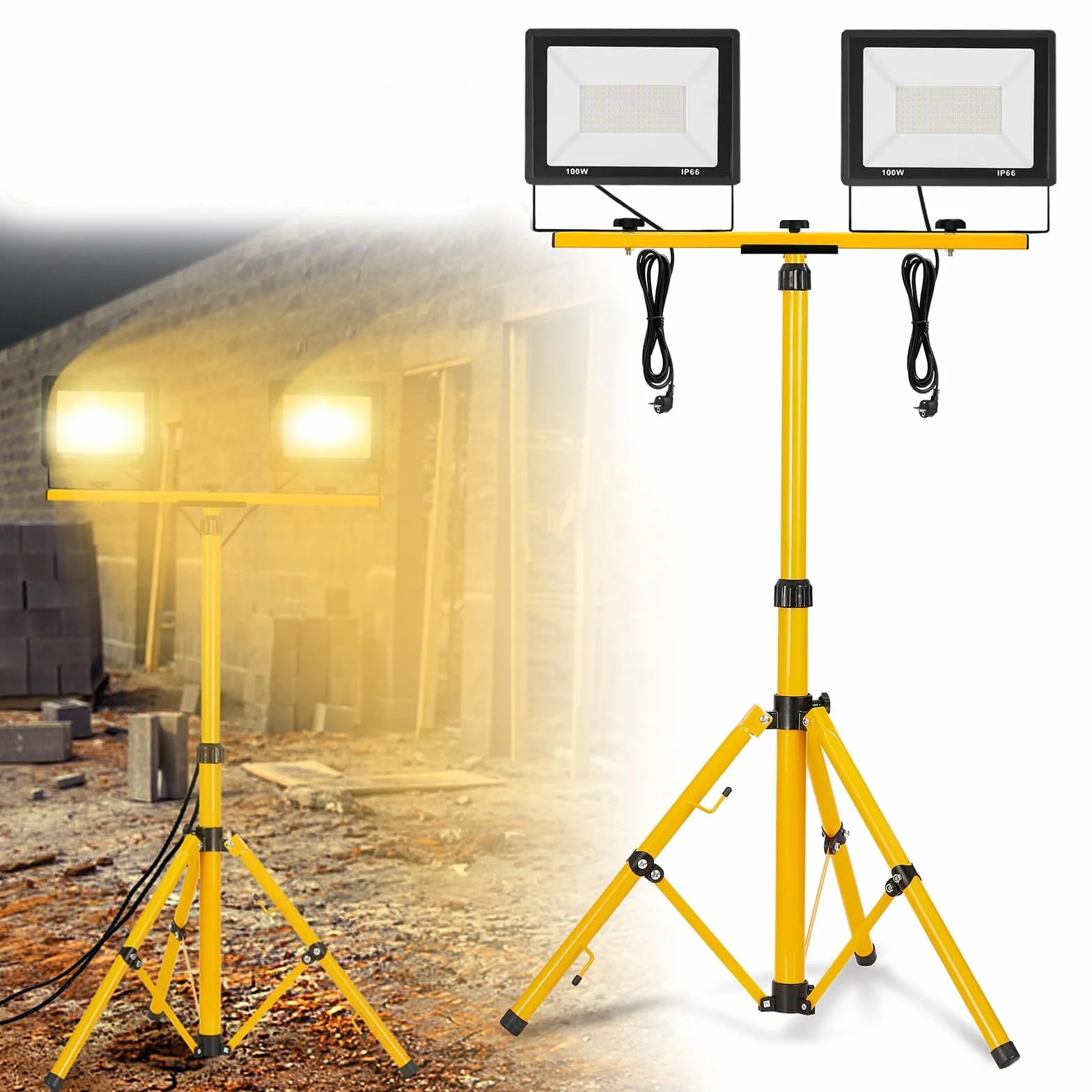 FIVMEN Reflektor budowlany 2 x 100 W 8500 lm LED reflektor lampa robocza ze statywem i wtyczką kabla 3 m, wodoszczelna IP66, do garażu, warsztatu, placu budowy, ciepła biel