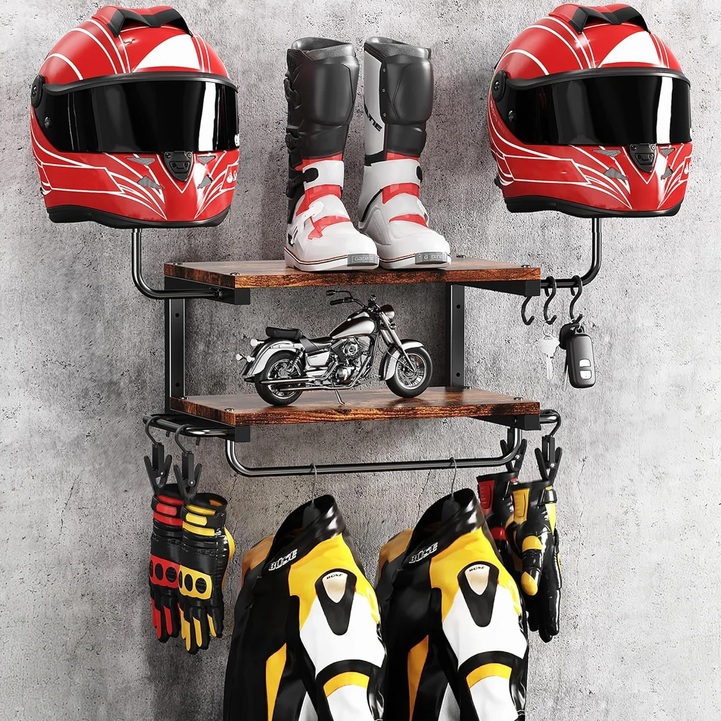 Uchwyt na kask motocyklowy do ściany na 2 kaski, ścienna garderoba motocyklowa z wieszakiem i hakiem, ładowność 30 kg, nadaje się do kasków rowerowych i narciarskich (ciemnobrązowy)