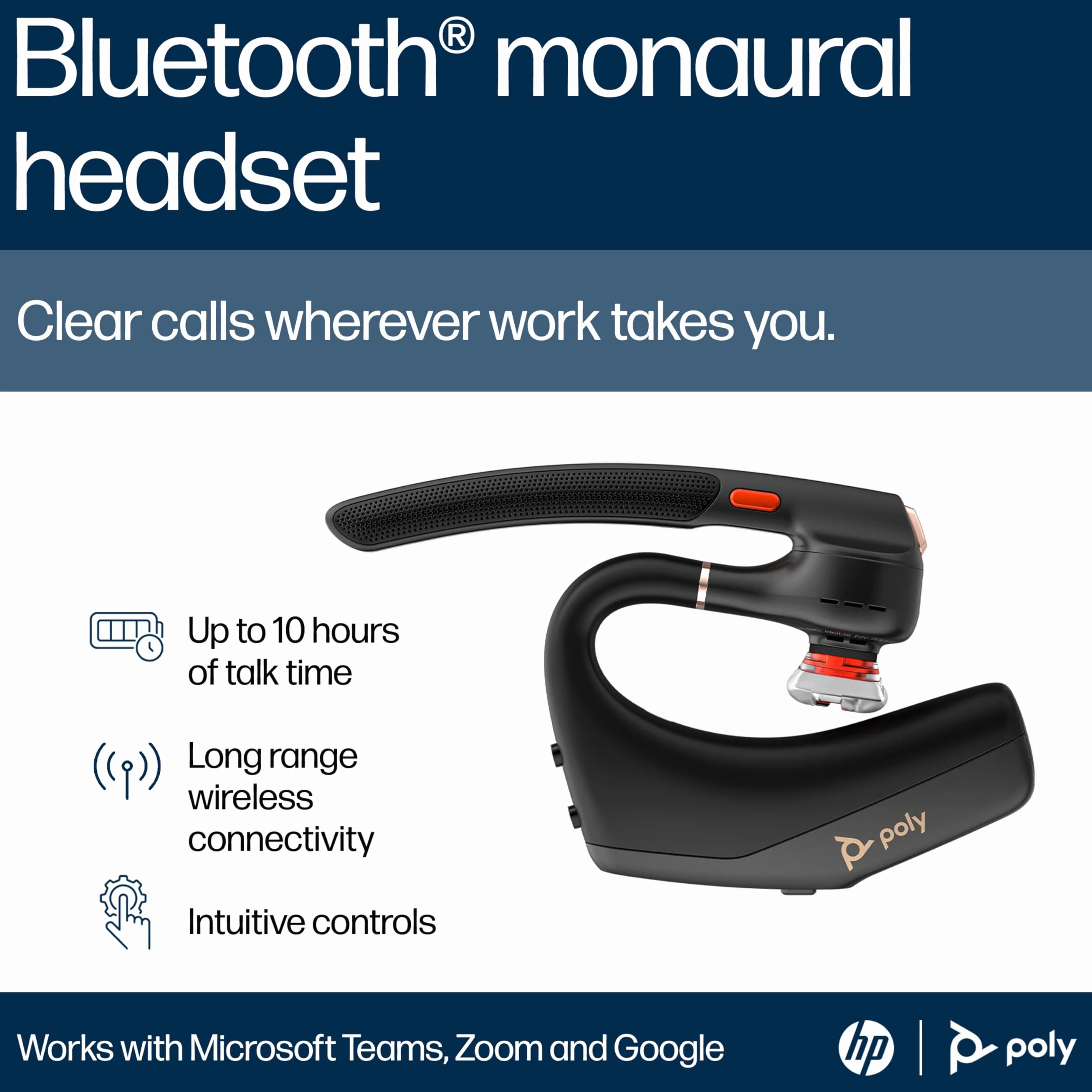 POLY Voyager Legend 50 bezprzewodowy zestaw słuchawkowy Bluetooth, pojedyncze ucho, mikrofon z redukcją szumów, blokada wiatru, redukcja szumów AI, bateria do 10 godzin, lekki i wygodny, czarny