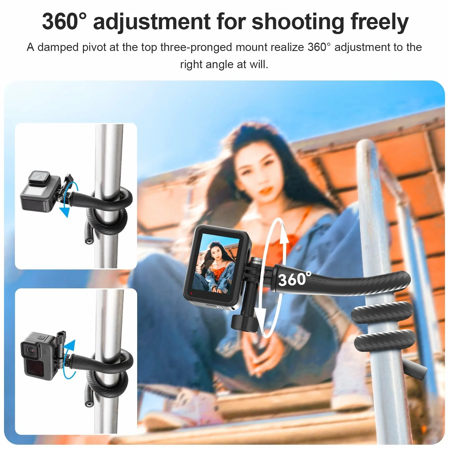 TELESIN Elastyczny uchwyt do selfie Monkey Tail Mount do GoPro Hero 13/12/11/10/9/8/7/6/5/Max, Insta 360 X4 X3, DJI OSMO Action 5 Pro 4 3, Monopod
