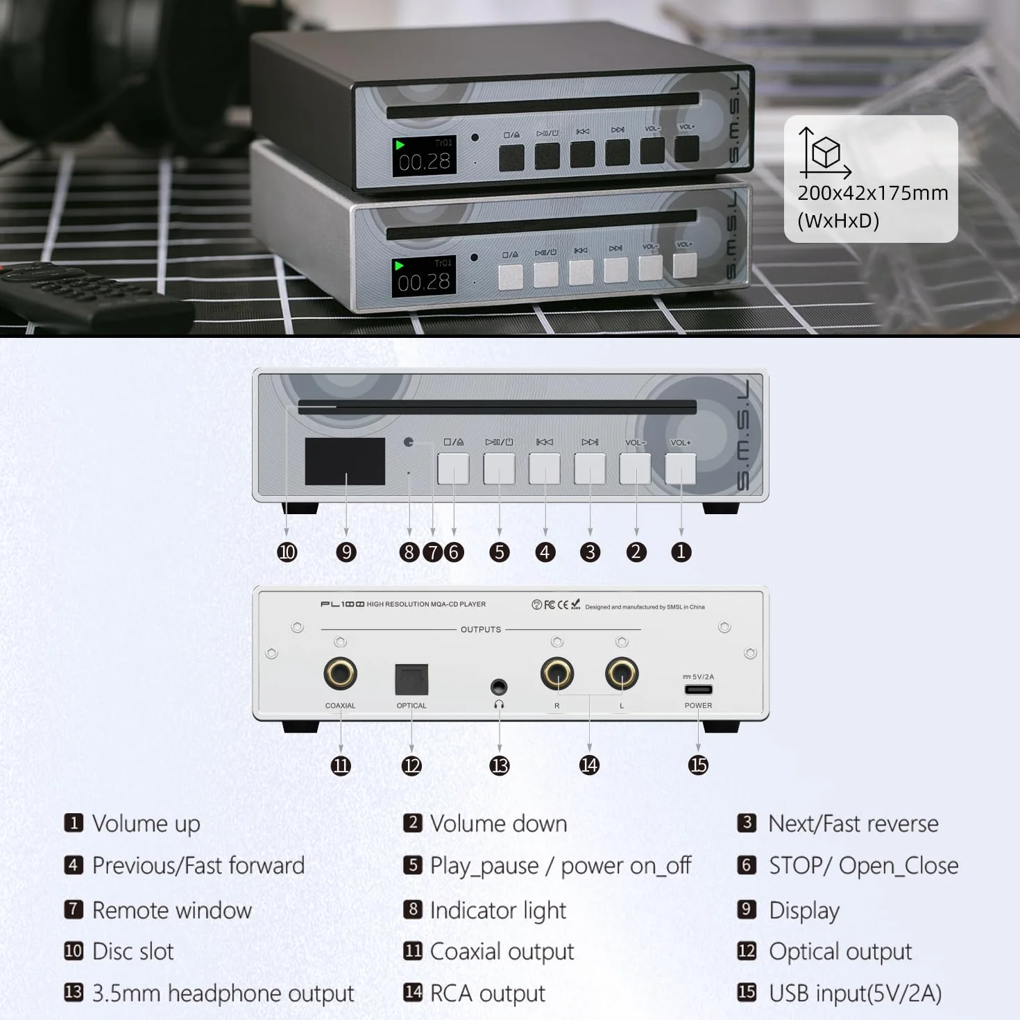 S.M.S.L PL100 Odtwarzacz CD z wyjściem słuchawkowym 3,5 mm, RCA, optycznym, koncentrycznym, obsługuje MQA, srebrny