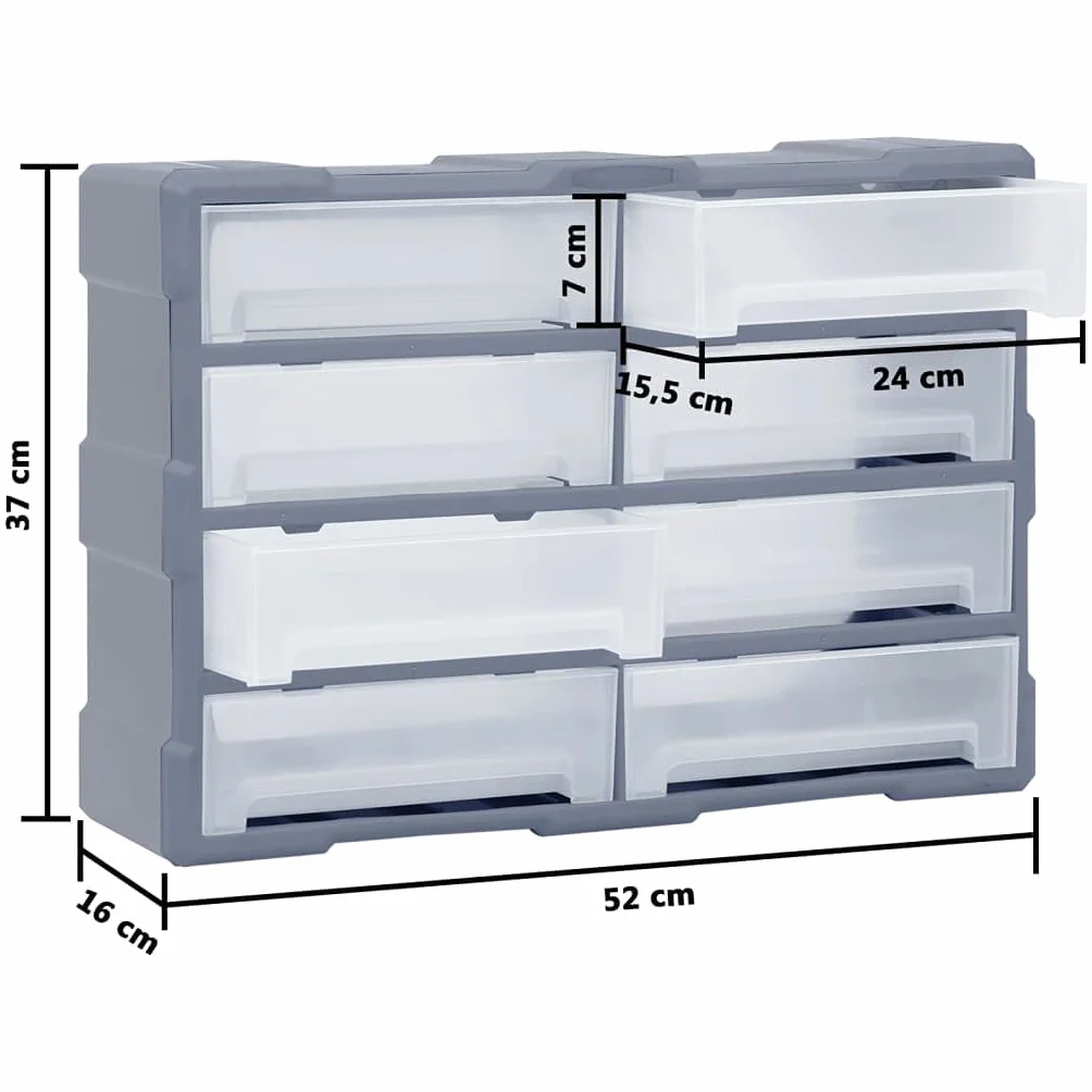 Wielofunkcyjny organizer do szuflad z 8 dużymi szufladami, 52 x 16 x 37 cm, tworzywo sztuczne PP do przechowywania narzędzi, skrzynka asortymentowa do warsztatu, garażu, piwnicy, wytrzymały i