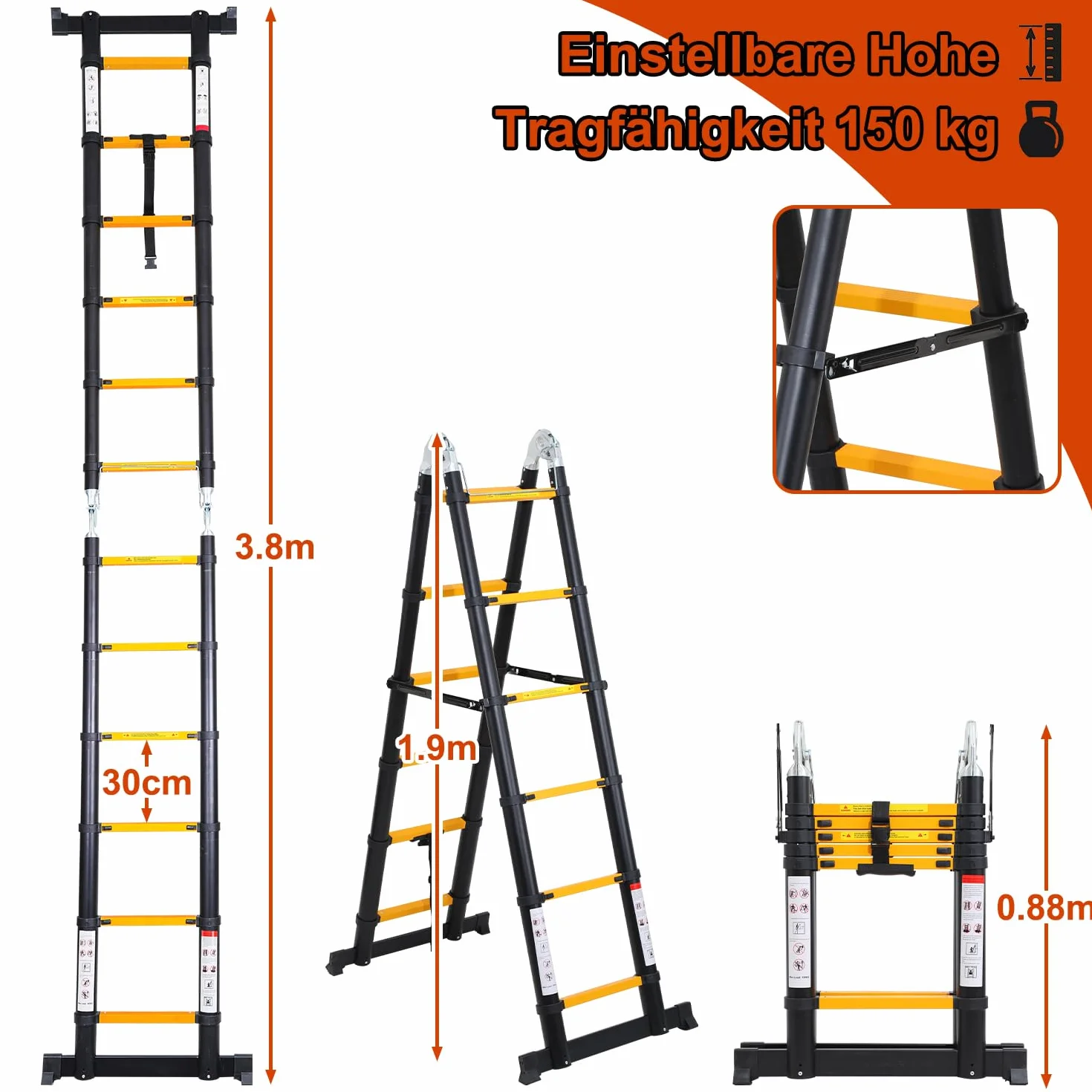 Lospitch 3,8 m (1,9 + 1,9) M, aluminiowa drabina teleskopowa, składana, ze stabilizatorem, wysokiej jakości składana drabina i składana drabina aluminiowa, nośność 150 kg, czarno-żółta
