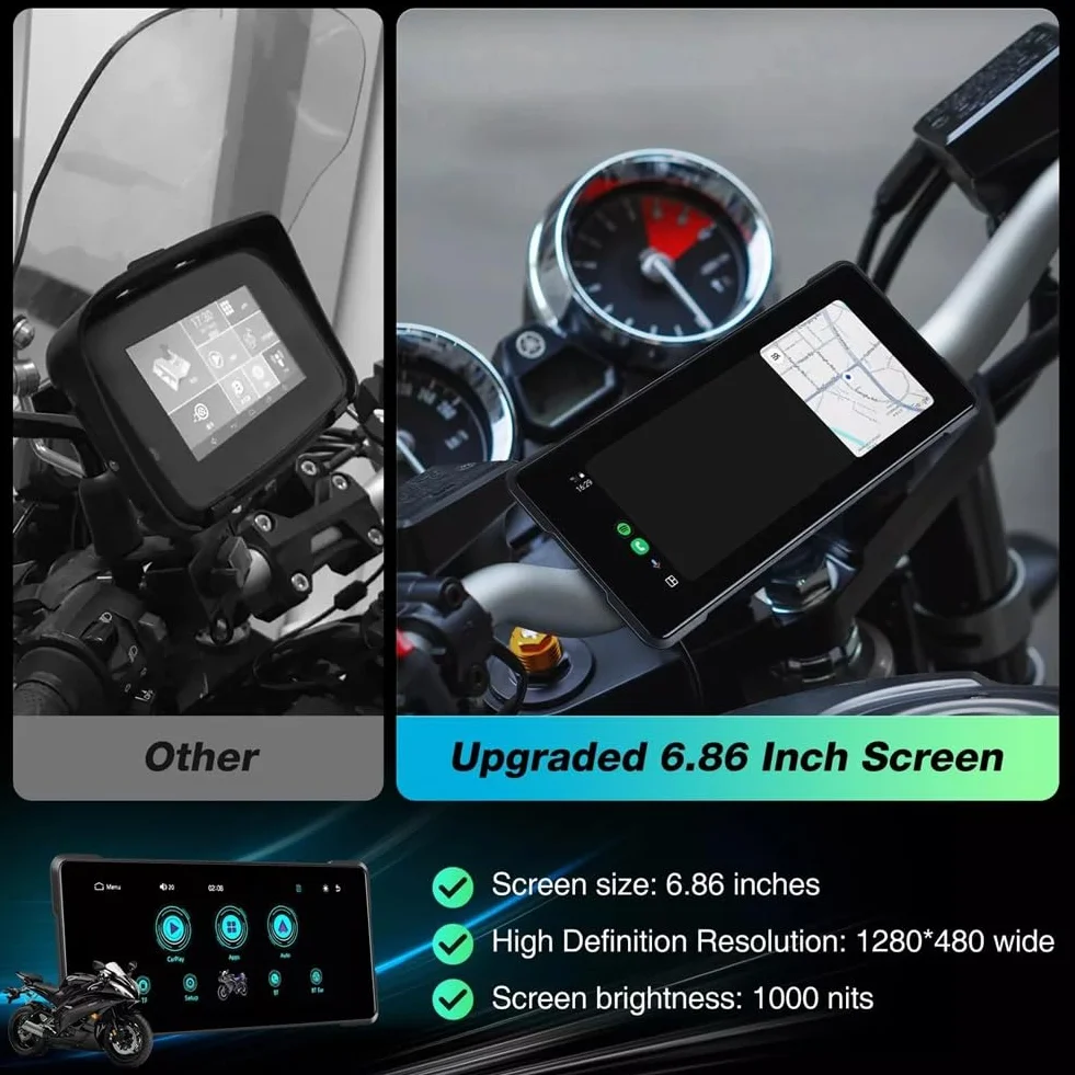 Motocykl 6,86-calowy przenośny ekran Bluetooth nawigacja GPS IP68 wodoodporny bezprzewodowy odtwarzacz Carplay Android Auto MP5