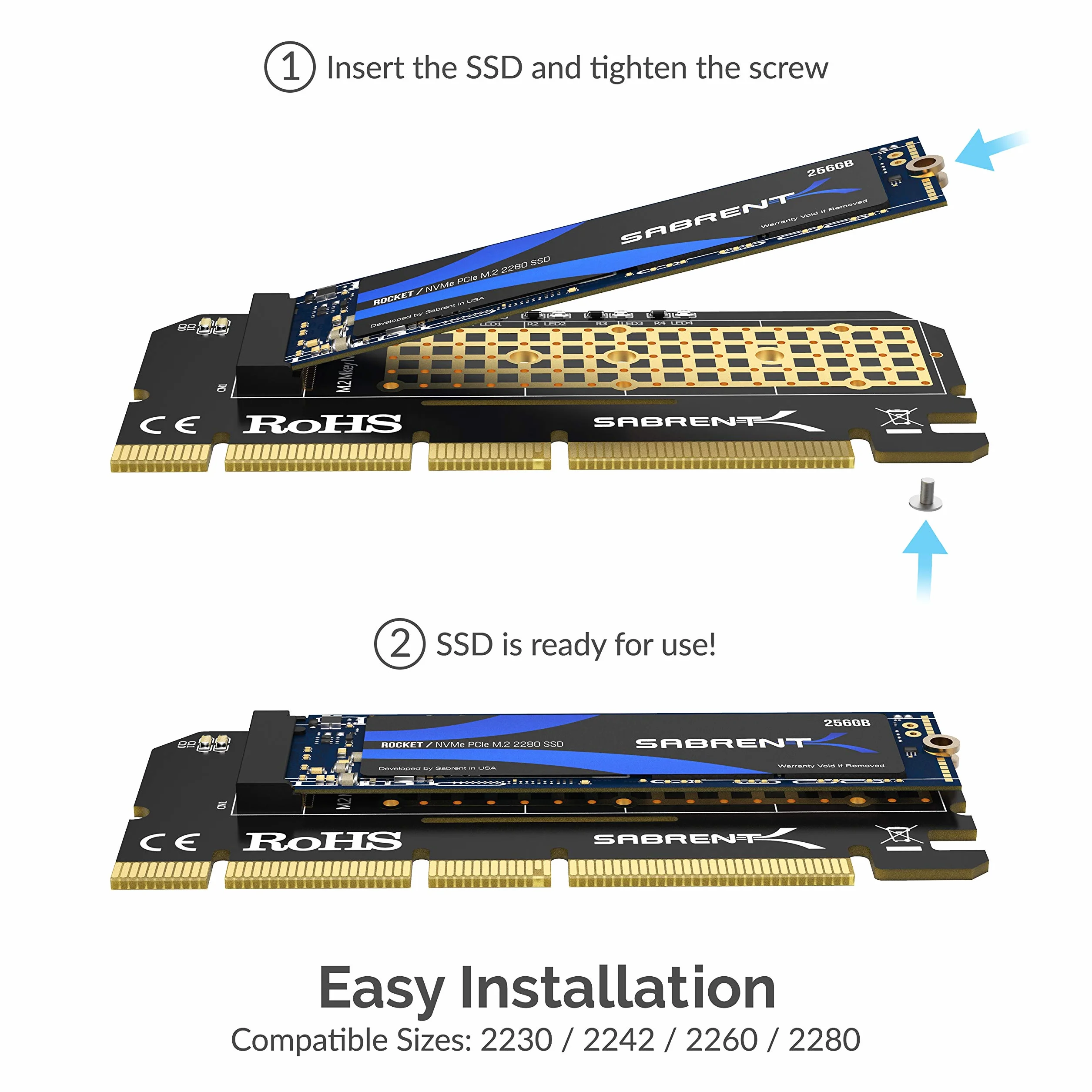 SABRENT Adapter M.2 SSD NVMe na PCIe z aluminiowym radiatorem i podkładką termiczną, do dysków SSD do 16 TB, konwerter M.2 NVMe na PCI-E 3.0 X4 X8 X16 (EC-PCIE)