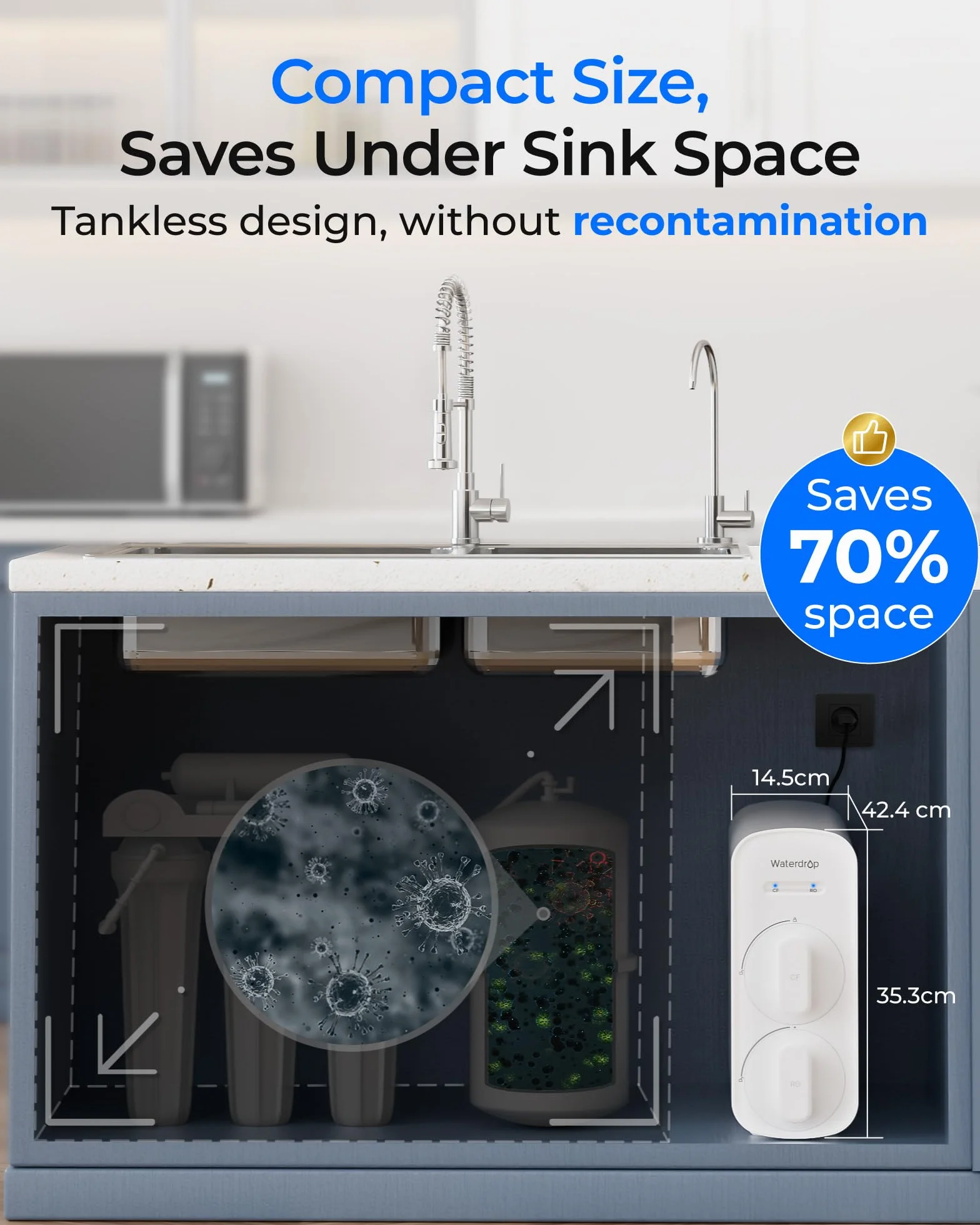 Waterdrop G5P500A alkaliczny mineralny filtr wody pH + odwróconej osmozy, certyfikat NSF/ANSI 372, 8-stopniowy system odwróconej osmozy, system filtracji wody RO 500G, czysty do spuszczania 2:1