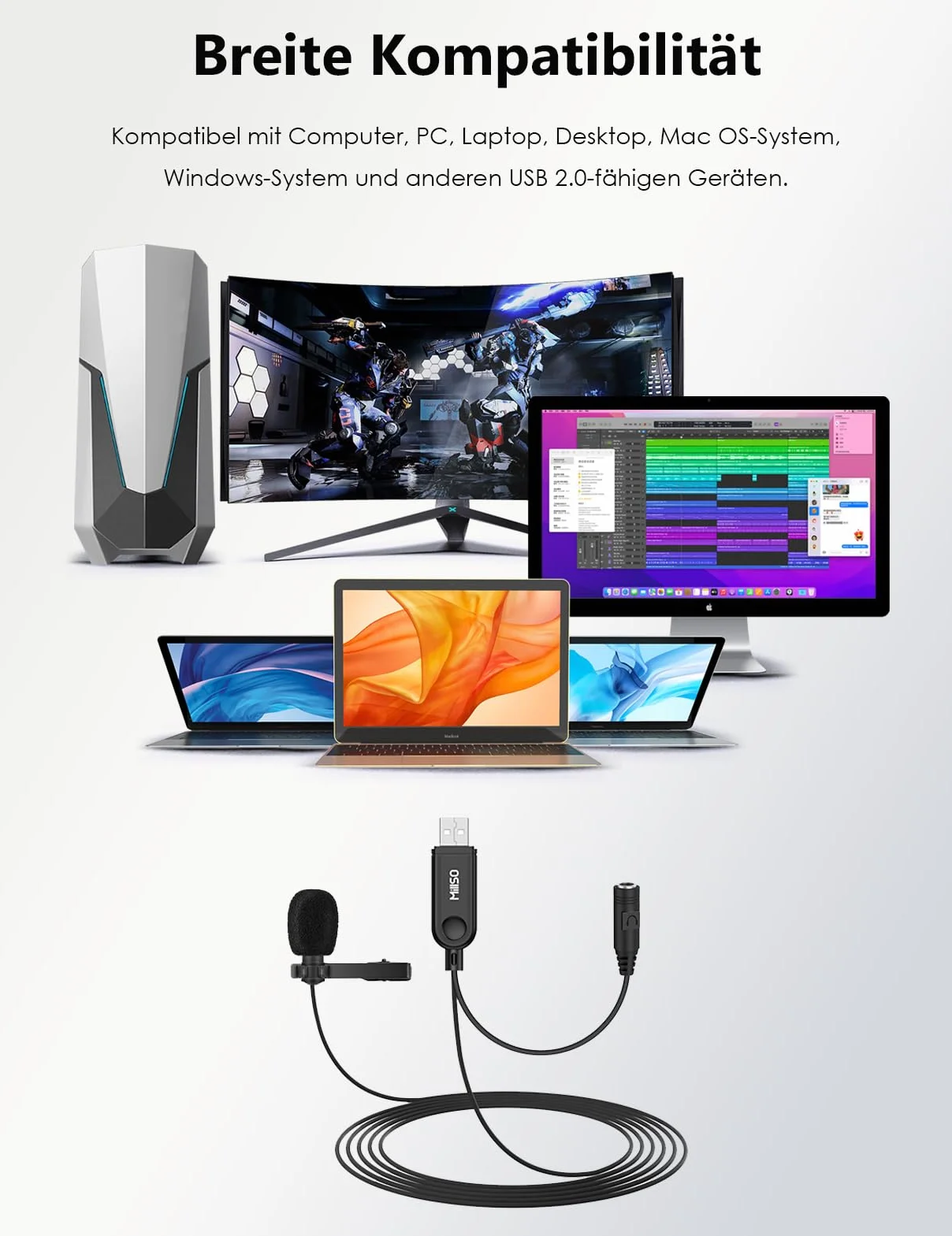 MillSO Mikrofon krawatowy USB z gniazdem 3,5 mm do monitorowania Wielokierunkowy mikrofon USB Clip-On Mini kompatybilny z laptopami, komputerami stacjonarnymi, podcastami, Skypem i śpiewaniem