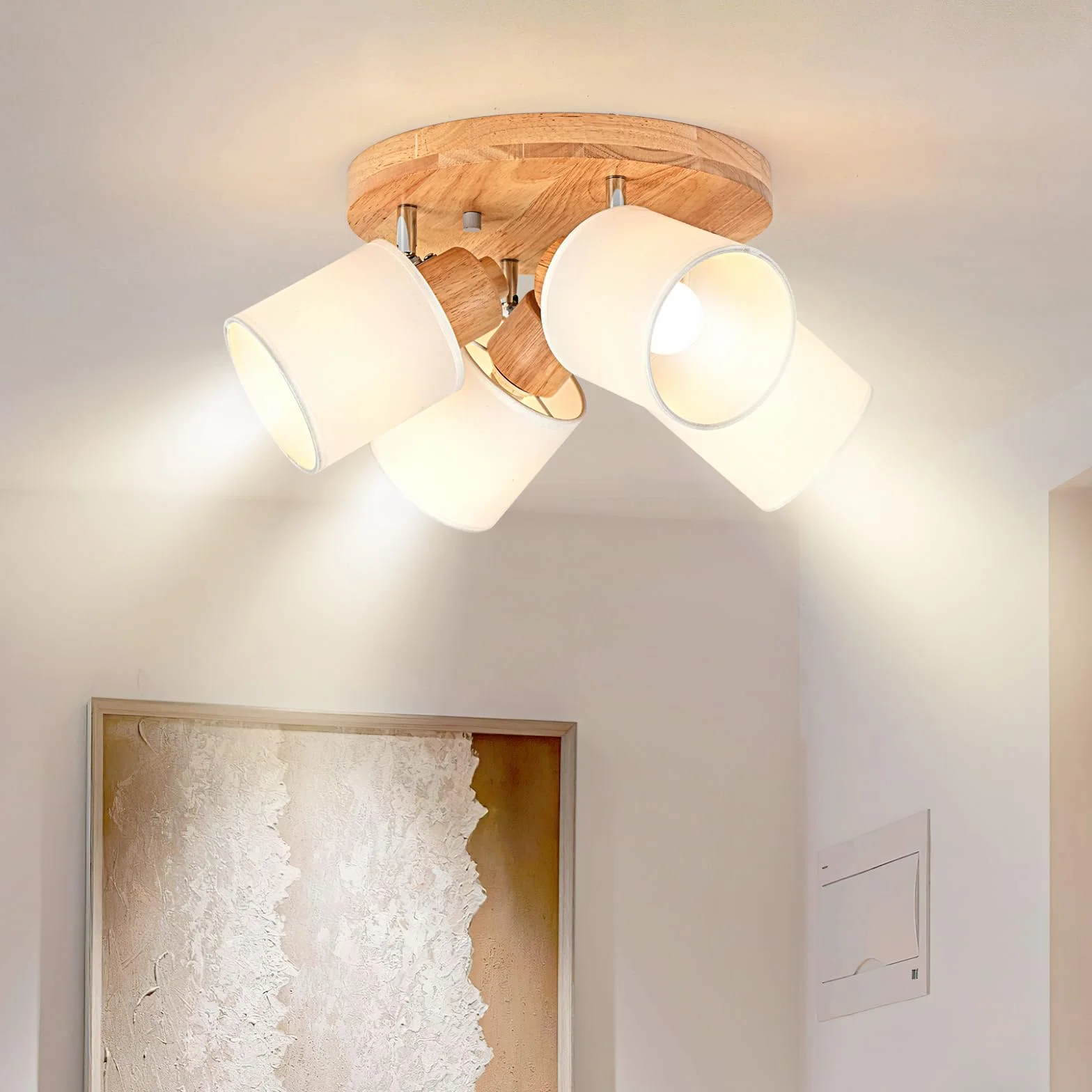 Lampa sufitowa 4 obrotowe reflektory, okrągłe drewno oświetlenie sufitowe oprawa wewnętrzna Retro E14 kinkiet do salonu, sypialni, kuchni, jadalni 230 V, bez żarówek