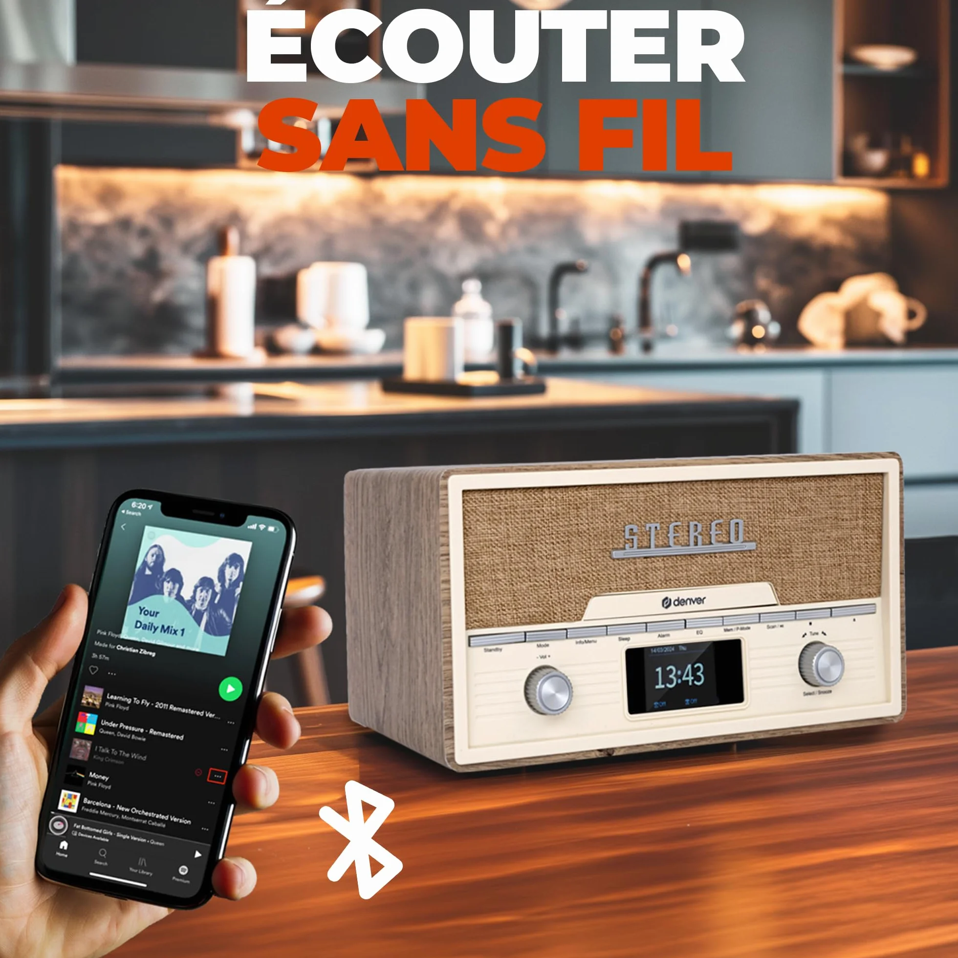 Denver DAB Radio odtwarzacz CD - Retro Radio - Bluetooth - 20 stacji radiowych - DAB/FM/AUX - MDA525 - Lightwood