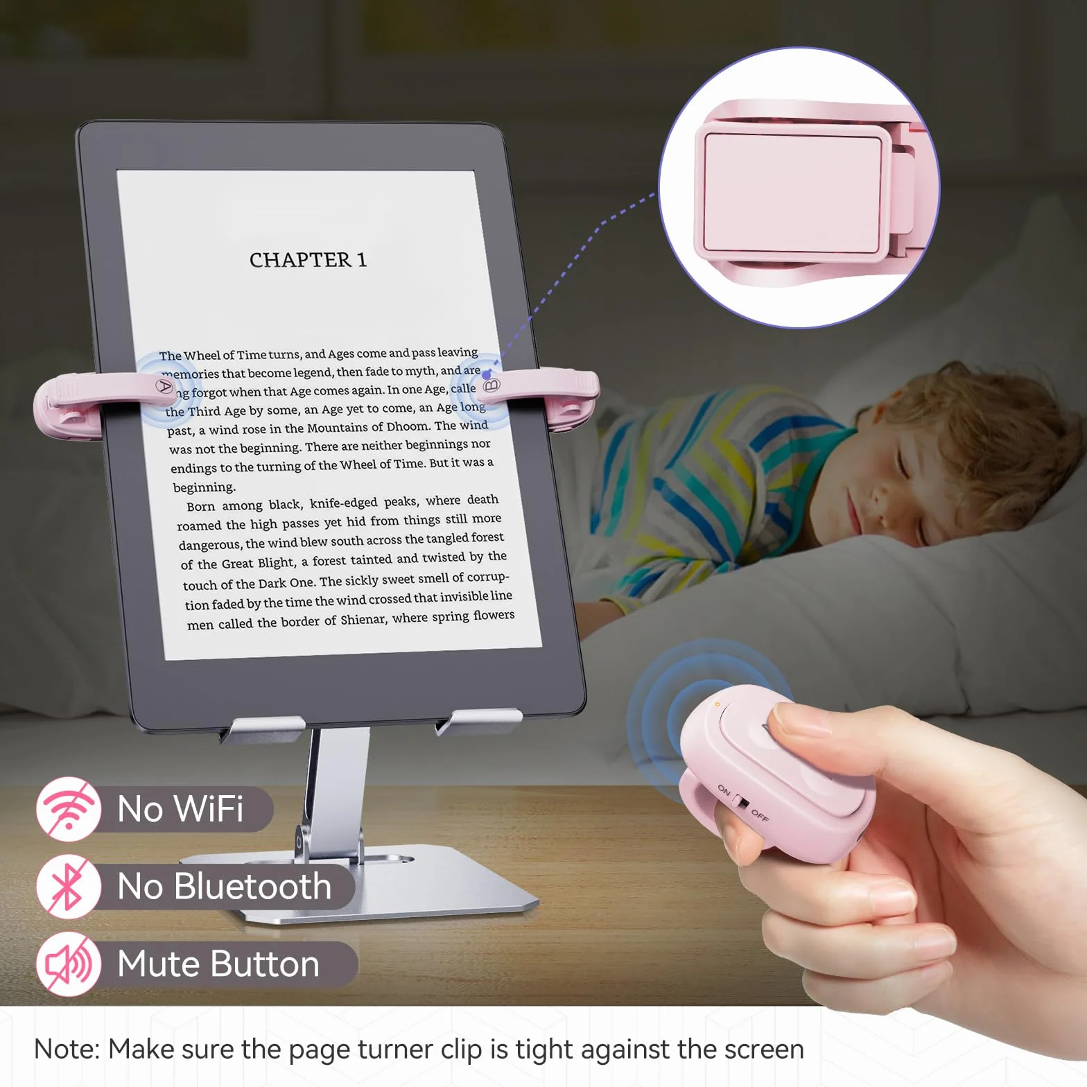 Zdalne sterowanie RF, przewracacz stron do Kindle z ładowaniem USB-C, klips A i B, wskaźnik LED, odporny na odciski palców, długi czas czuwania dla czytników e-booków — łatwa obsługa jedną ręką
