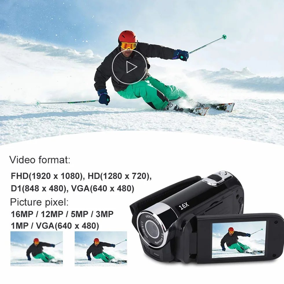 Kamera Cyfrowa Full HD 1080P 16X Zoom Obrót 270° DV Wideo EU-Black