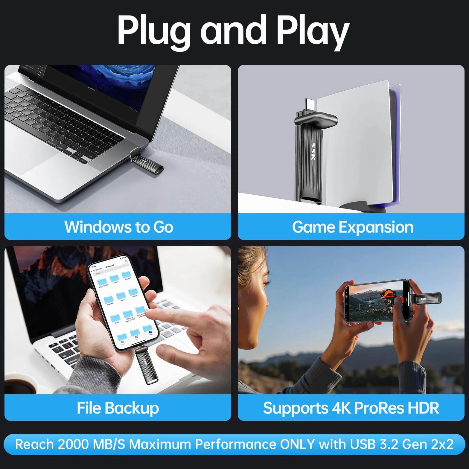 SSK Pamięć USB C SSD 1TB 2000MB/s USB3.2 Gen2x2 przenośny zewnętrzny dysk SSD Flash Thumb Drive kompatybilny z Android Mac Laptop iPhone 15/16 4K