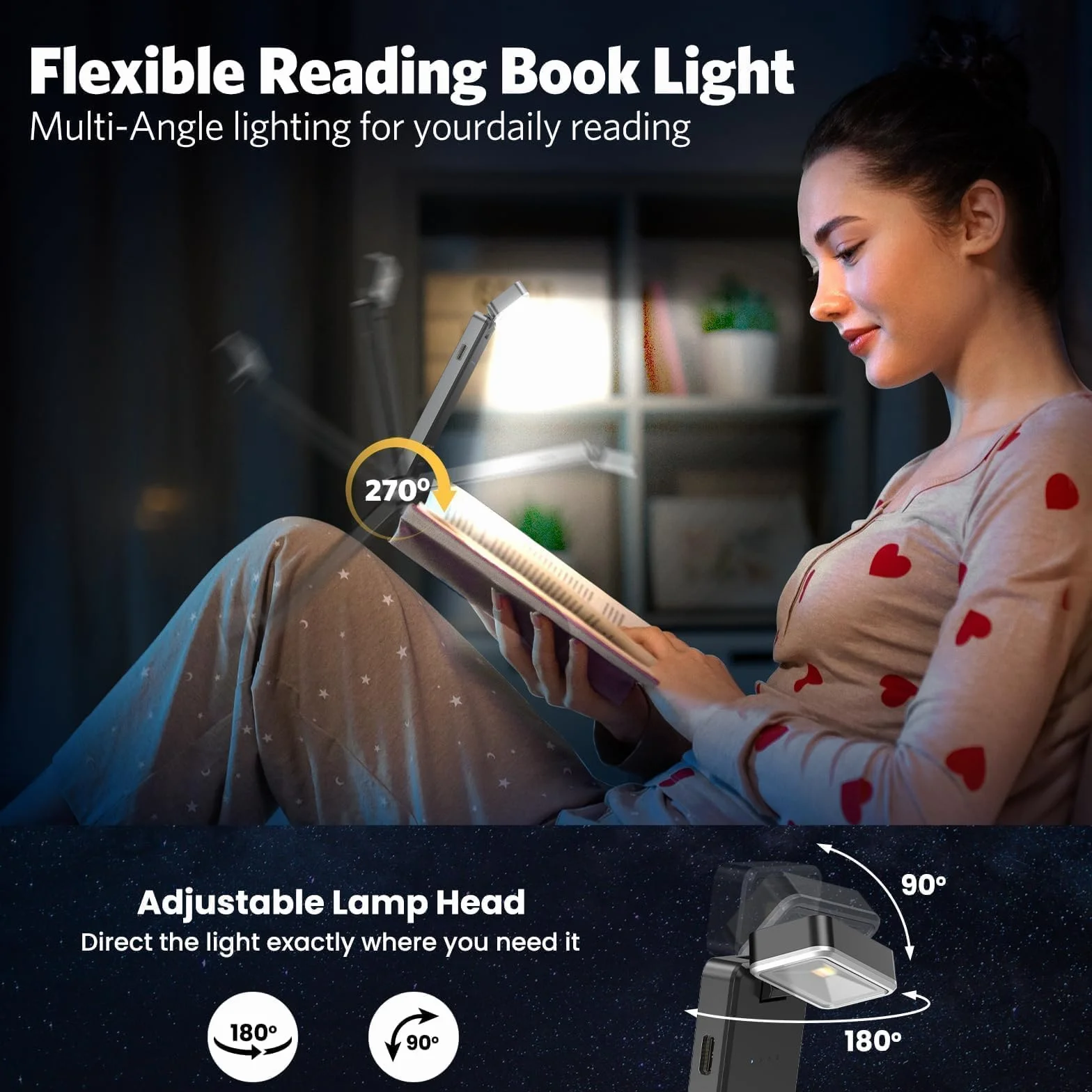 lampka do czytania, LED ładowalna lampka do książki, lampka LED z zaciskiem do czytania w nocy i książek w łóżku, ładowanie USB 80 godzin, przenośna lampa dla moli książkowych, dzieci