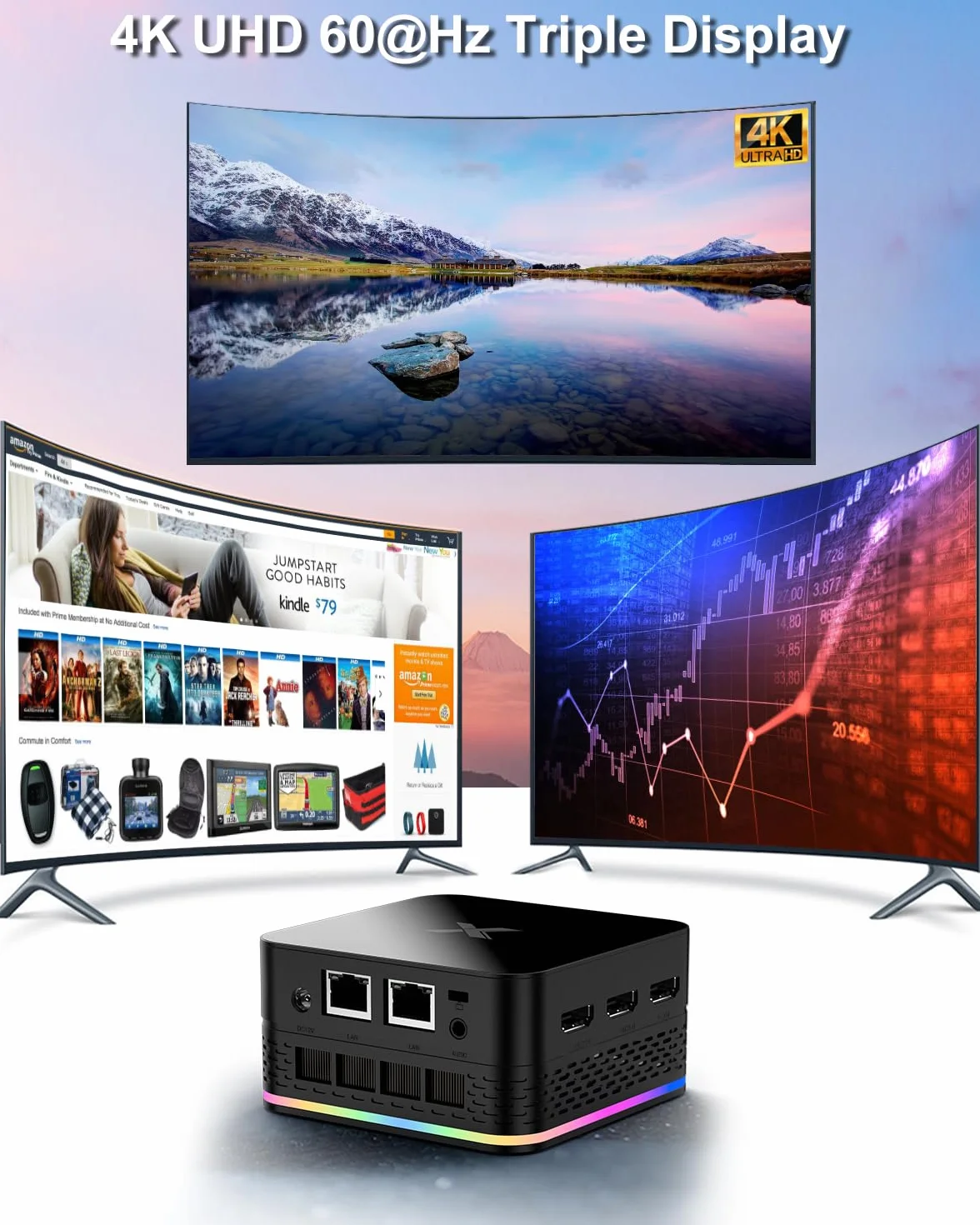 Mini PC 12. Alder Lake N (do 3,4 GHz) 12 GB RAM 512 GB ROM LPDDR5 M.2 SSD, 4K Trzy ekrany Dual RJ45 Gigabit Ethernet, automatyczne włączanie.