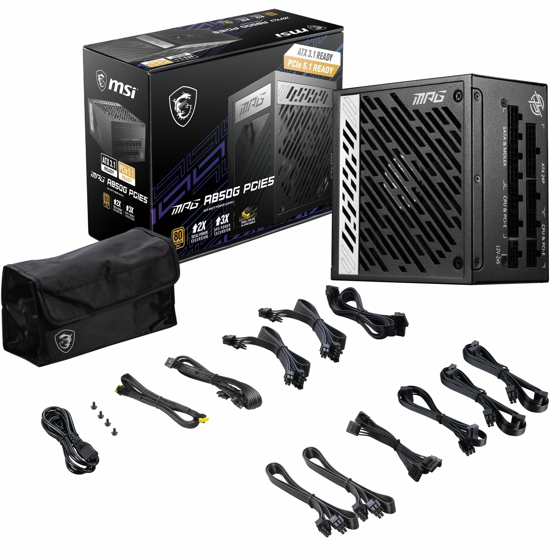 MSI MPG A850G PCIE5 zasilacz sieciowy 850 W 80 Plus Gold w pełni modułowy ATX 3.0 PCIe 5.0 GPU japońskie kondensatory 105°C 0% RPM czarny