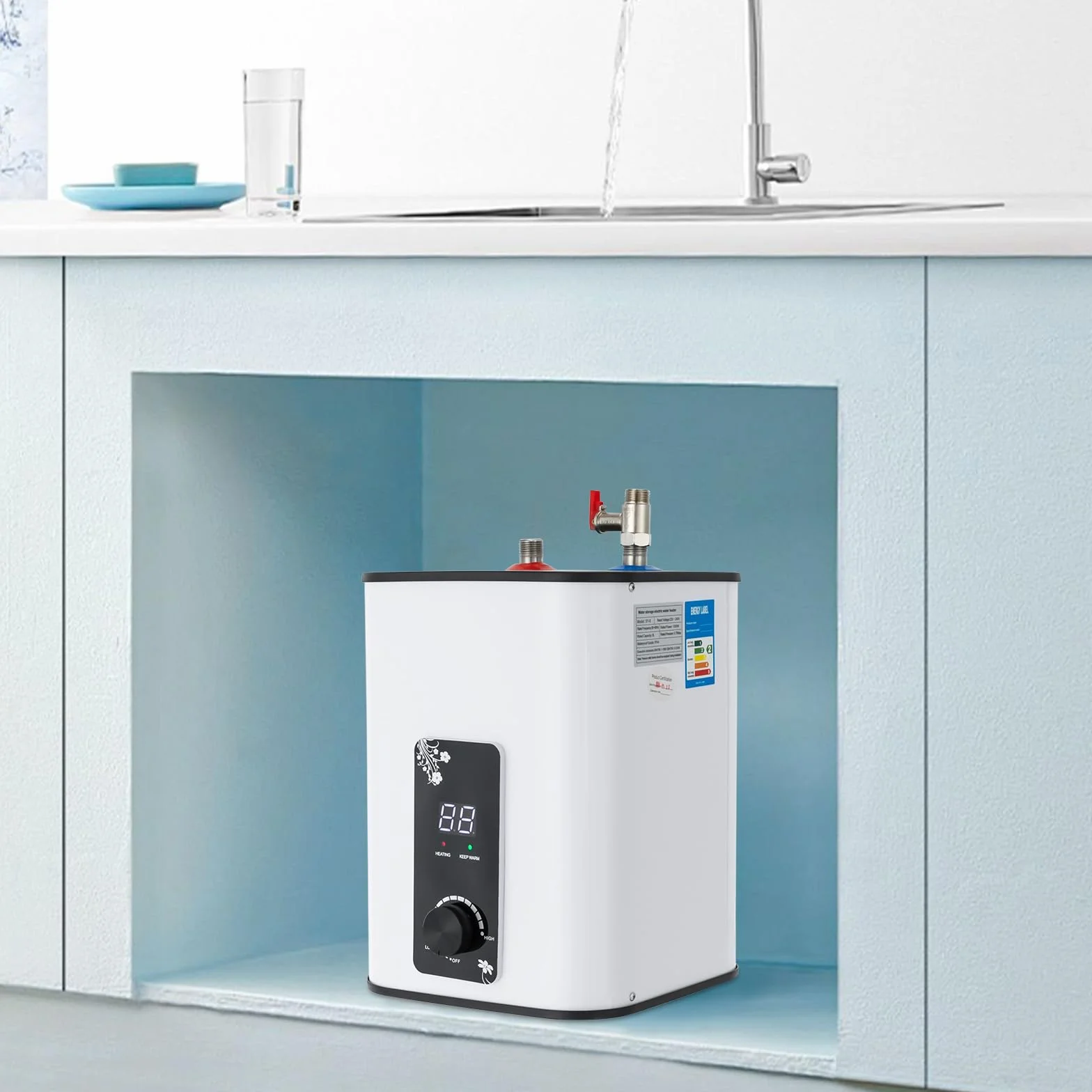 MINRS zbiornik na ciepłą wodę 8L podblatowy bojler 1500W mały odporny na ciśnienie zbiornik na ciepłą wodę z funkcją termostopu podblatowy bojler 0-65℃ Regulowana temperatura Regulowana do kuchni