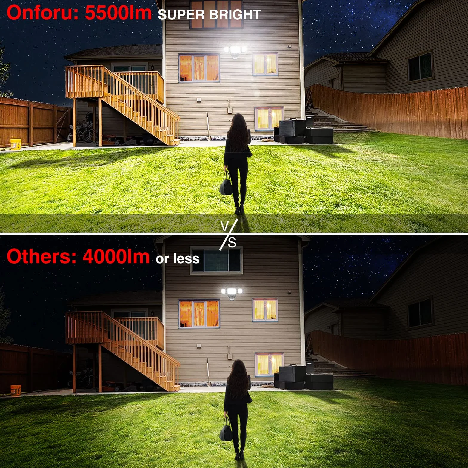 Onforu Reflektor LED z czujnikiem ruchu, zewnętrzny, 55 W, 5000 lm, z 3 regulowanymi głowicami, 6500 K, zimna biel, IP65, wodoszczelny, do garażu, ogrodu, na podwórko
