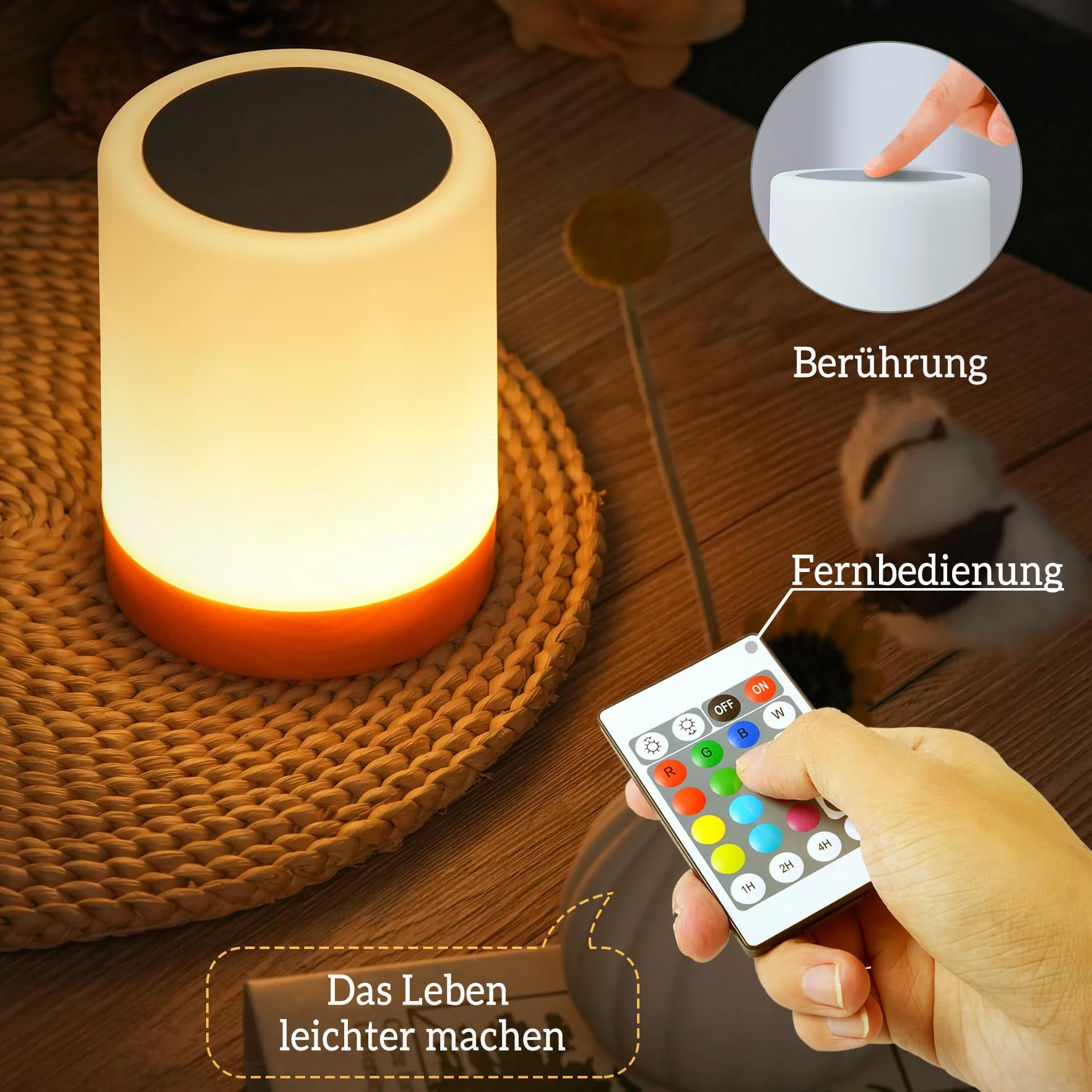 Bonsery Dotykowa ściemniana lampka nocna, bezprzewodowa lampa stołowa LED z akumulatorem USB, lampka nocna dla dzieci z zegarem i pamięcią do sypialni, łazienki, salonu