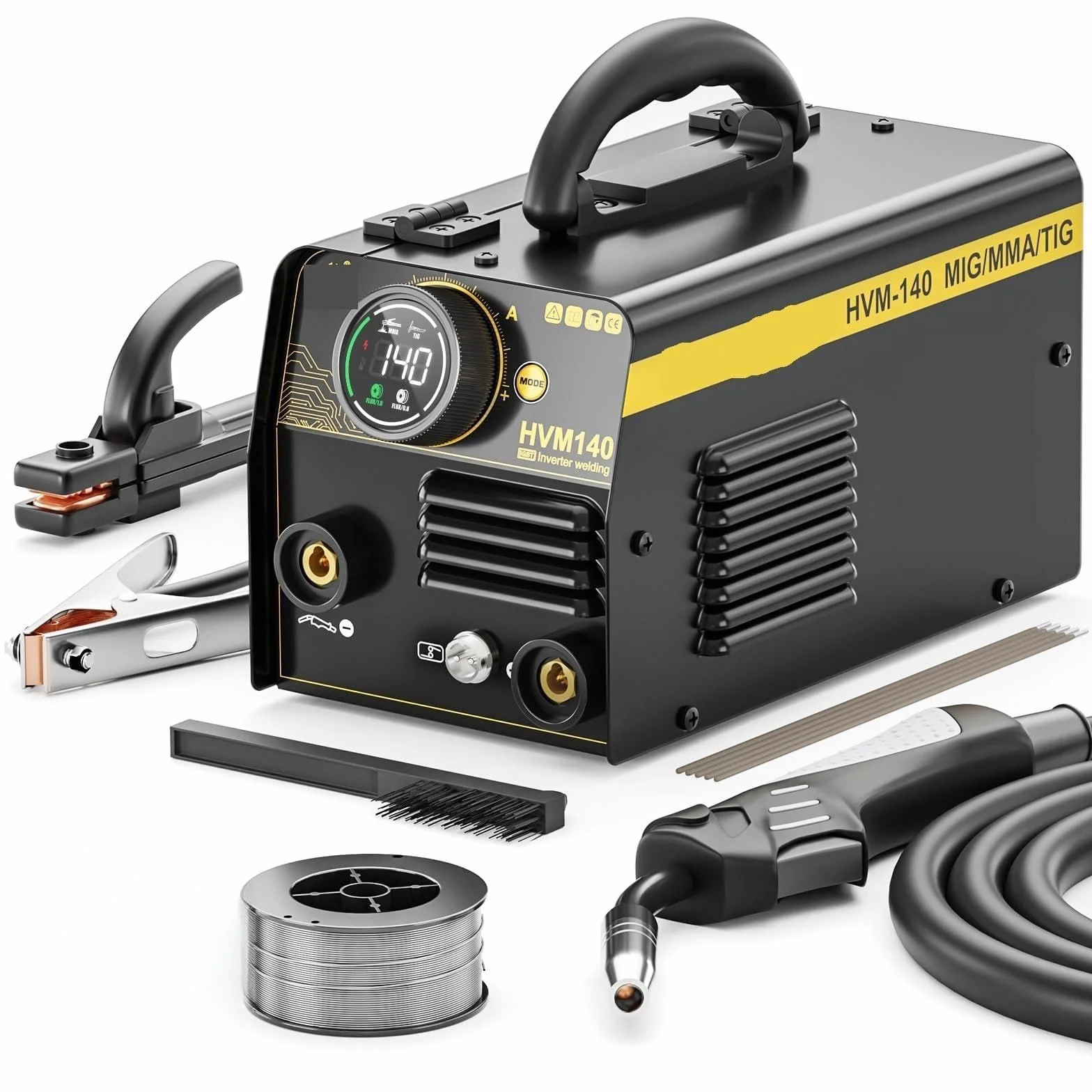 MIG-200 3 w 1 półautomatyczna spawarka MMA/bezgazowa MIG/Lift TIG IGBT bezgazowa spawarka inwerterowa synergia narzędzie spawarka (z latarką 17 V)