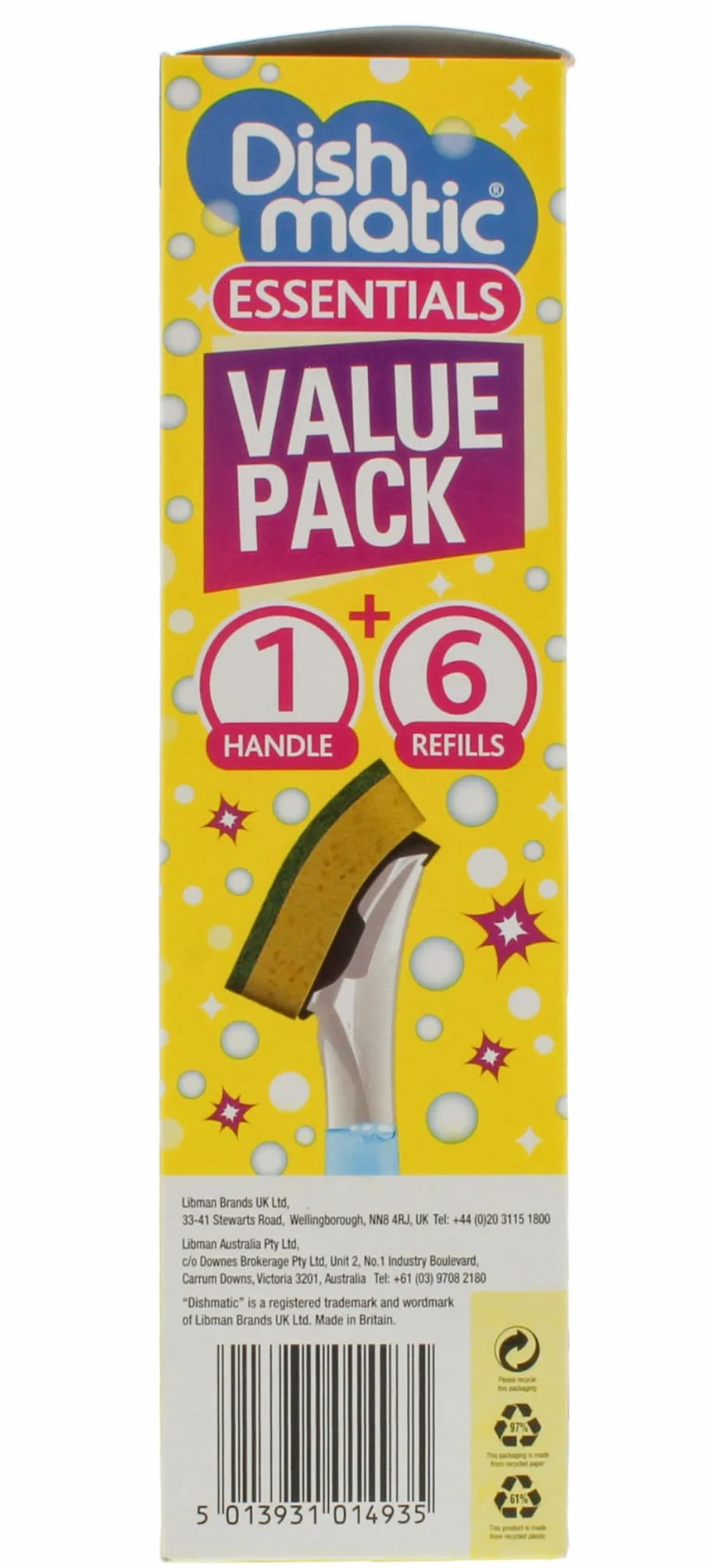 Dishmatic Zestaw Value Pack – 1 x uchwyt do dozowania płynu do mycia naczyń z 6 wymiennymi główkami gąbki ogólnego przeznaczenia, antybakteryjny uchwyt do mycia naczyń kuchennych z wygodnym uchwytem
