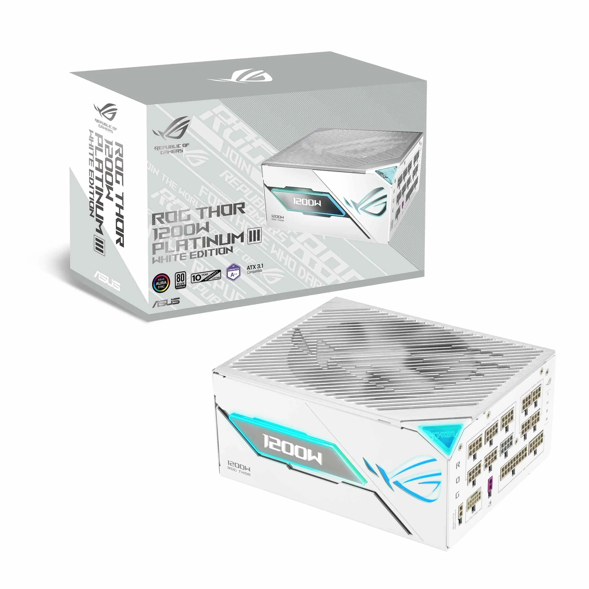 ASUS ROG Thor 1200W Platinum III White - Zasilacz (80 Plus Platinum Certified, ATX 3.1, PCIE 5.1, GaN MOSFET, GPU-First IVS, magnetyczny wyświetlacz OLED, tryb turbo, 10 lat)