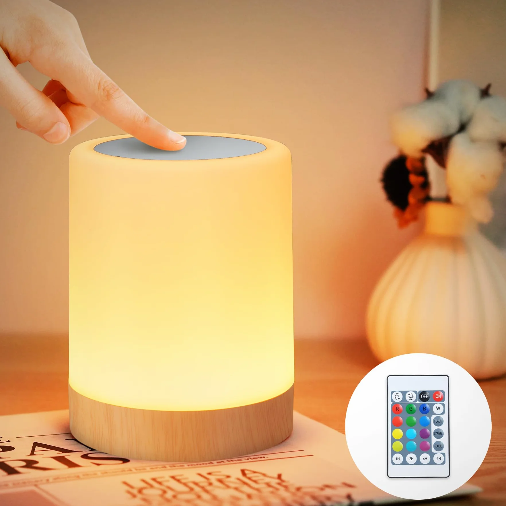 Bonsery Dotykowa ściemniana lampka nocna, bezprzewodowa lampa stołowa LED z akumulatorem USB, lampka nocna dla dzieci z zegarem i pamięcią do sypialni, łazienki, salonu