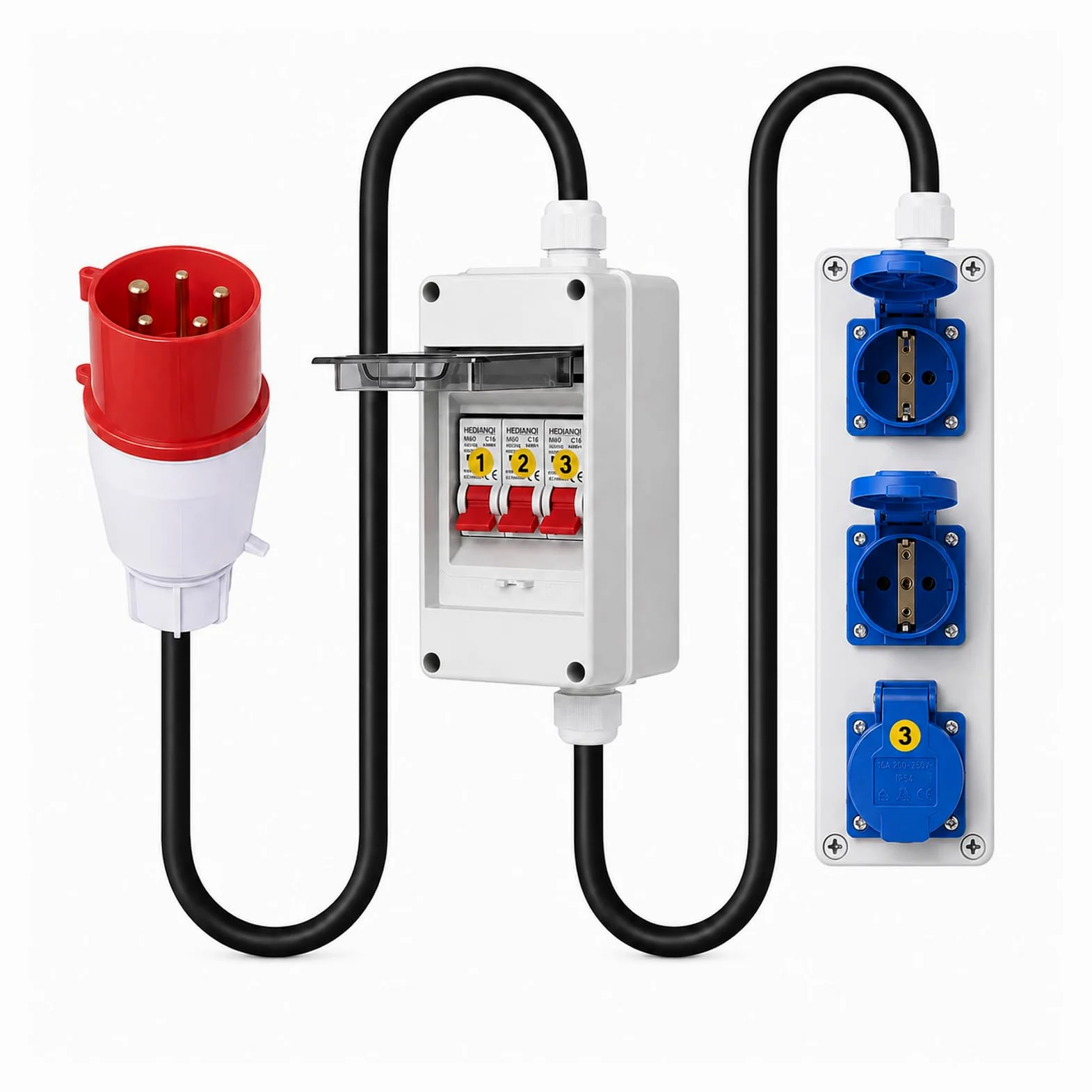 Adapter CEE 32 A na 16 A - 5P 380 V wtyczka CEE na 3 X 220 V Schuko - IP65/IP54 wodoszczelne gniazdko elektryczne z 3 x 16 A wyłącznik nadprądowy – rozdzielacz prądu budowlanego