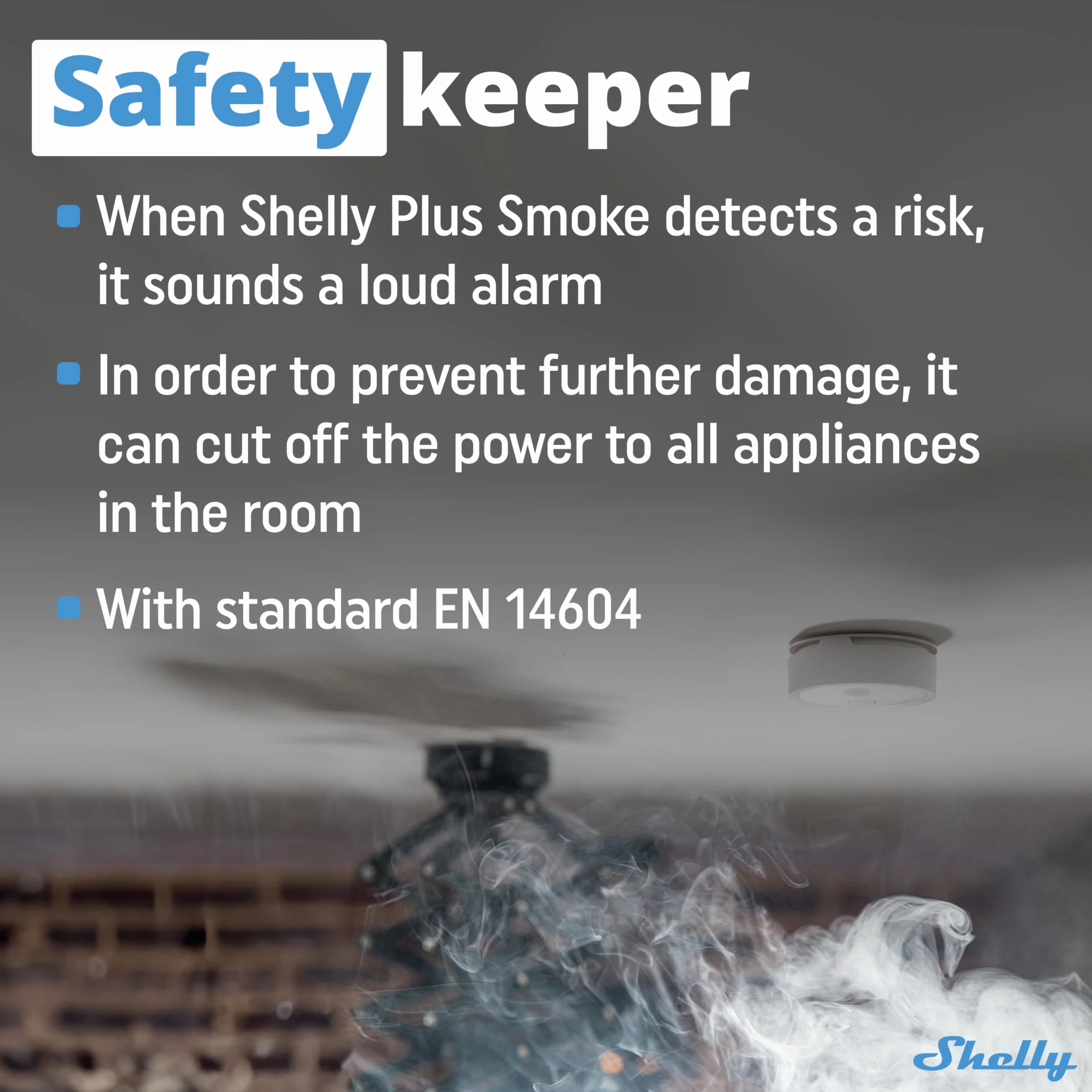 Shelly Plus Smoke, Alarm Dymu i Pożaru, Czujnikiem Fotoelektrycznym, 5-letnia Żywotność Baterii, EN 14604, Wskaźniki LED i Dźwiękowe, Natychmiastowe Powiadomienie, Wi-Fi Bluetooth, Alexa Google Home