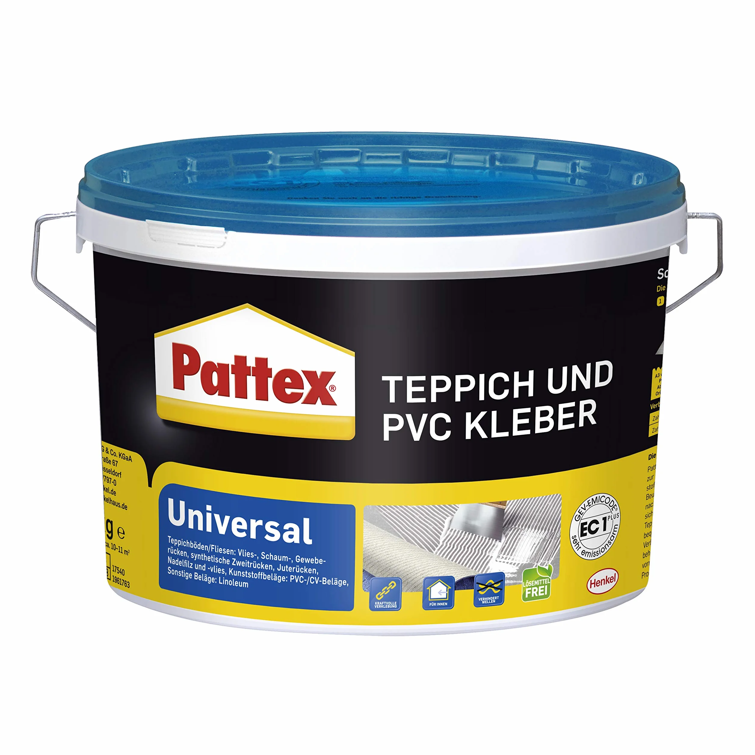 Pattex Uniwersalny klej do dywanów i PCW, mocny klej do wykładzin PCW i dywanów, klej do dywanów nadaje się do ogrzewania podłogowego, klej na kółkach, 1 x 4 kg