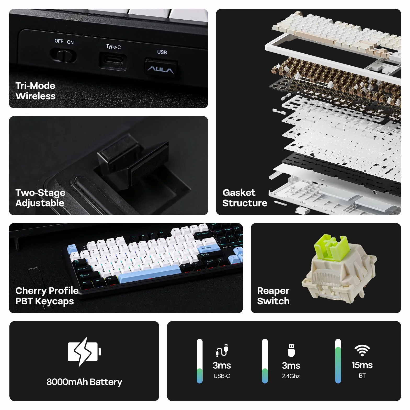 EPOMAKER X Aula F108 PRO klawiatura gamingowa bezprzewodowa 8000 mAh 104 Hot Swap RGB QWERTY niebieska