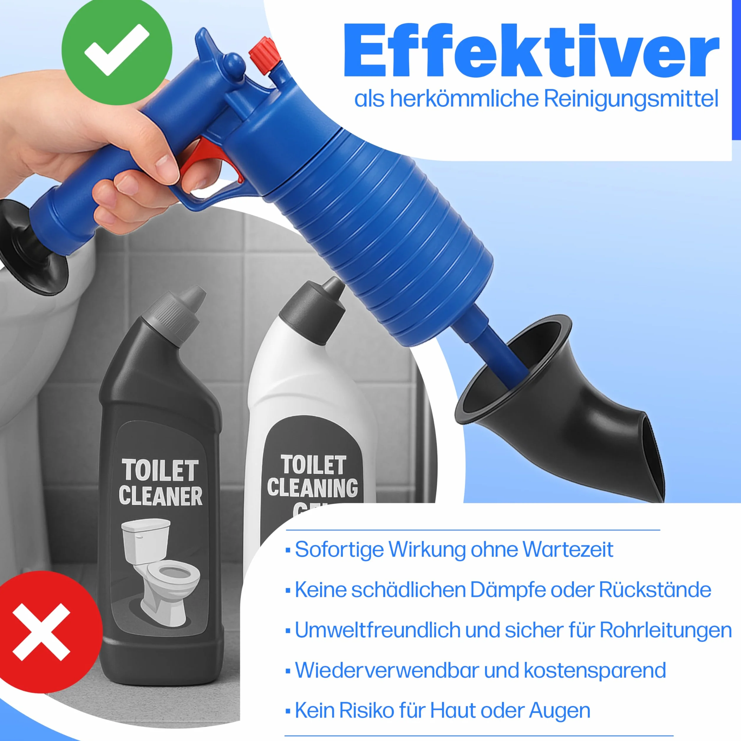Retoo Pistolet do czyszczenia rur, preparat z 4 gumowymi adapterami, sprężone powietrze, urządzenie do usuwania zatorów rur do toalety, prysznica, umywalki, toalety, kuchni, niebieski