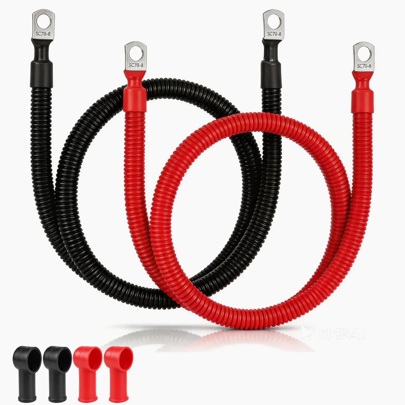 EXLECO 2 x przewód 0AWG 50mm² 100 cm 480 A Terminal SC70-8 Tube Cap do ciężkich samochodów, przyczep, łodzi, łodzi słonecznej i falownika, cynowana miedź