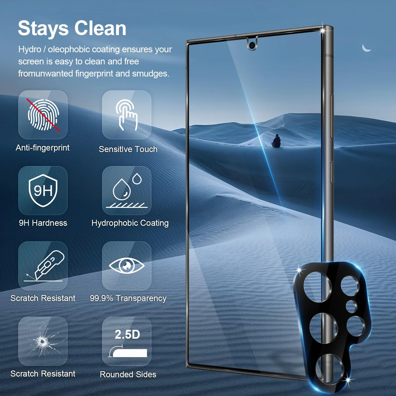 GiiYoon [3+2 sztuki szkła hartowanego do Samsung Galaxy S24 Ultra 5G, 3 sztuki ochronne na ekran i 2 osłony tylnej kamery, twardość 9H, bez pęcherzyków, ochrona przed zarysowaniami