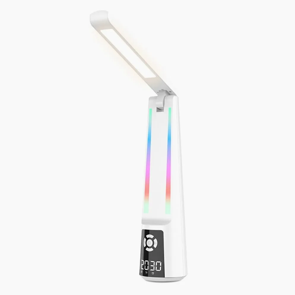 Lampa biurkowa LED z budzikiem i głośnikiem, przenośna składana lampka do czytania, akademika, lampka nocna do nauki, biura, domu