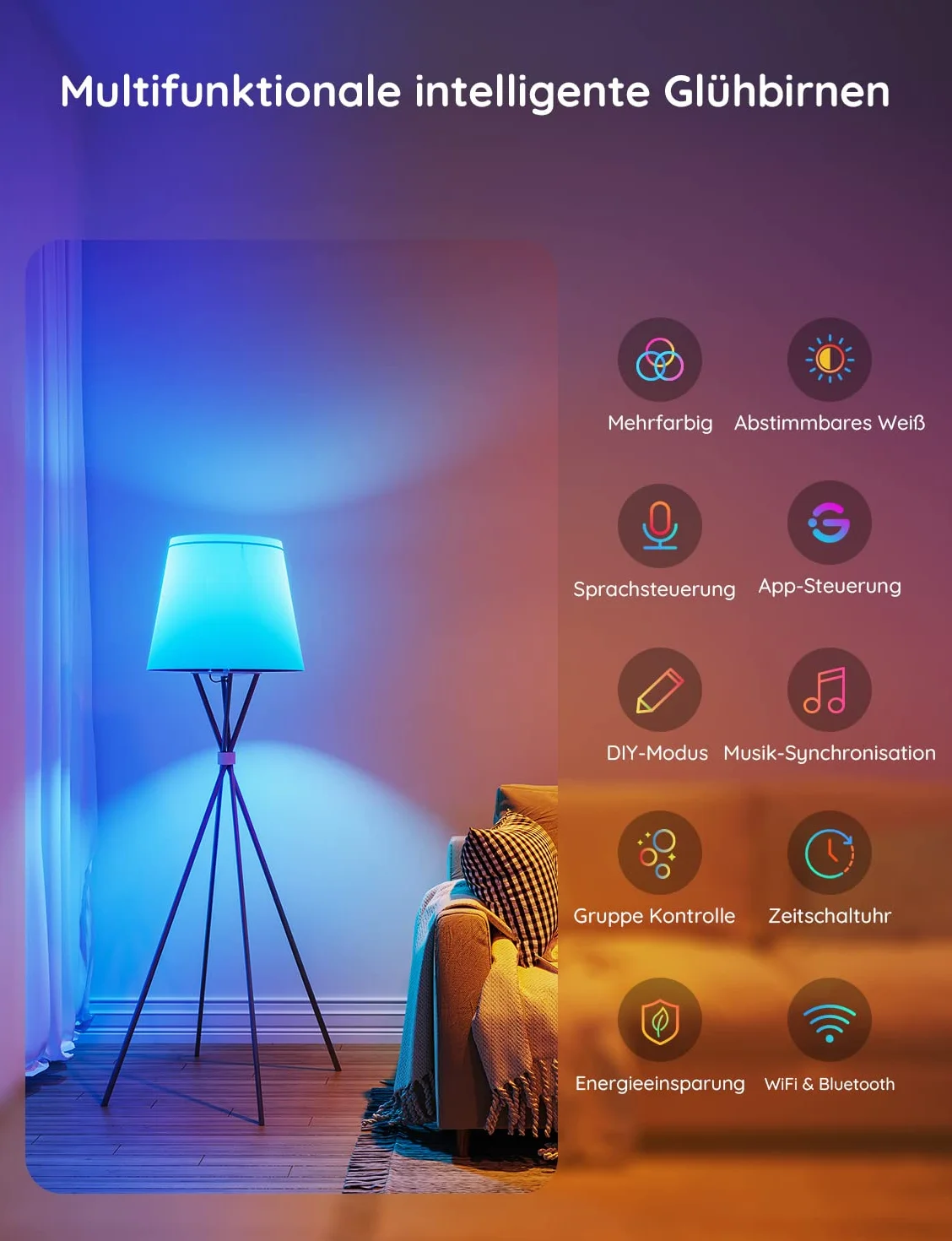 Govee Alexa inteligentna żarówka E27, zmiana kolorów z lampą do synchronizacji muzyki, WiFi i Bluetooth, inteligentna żarówka LED funkcjonowanie za pomocą aplikacji Google Assistant, 2 sztuki