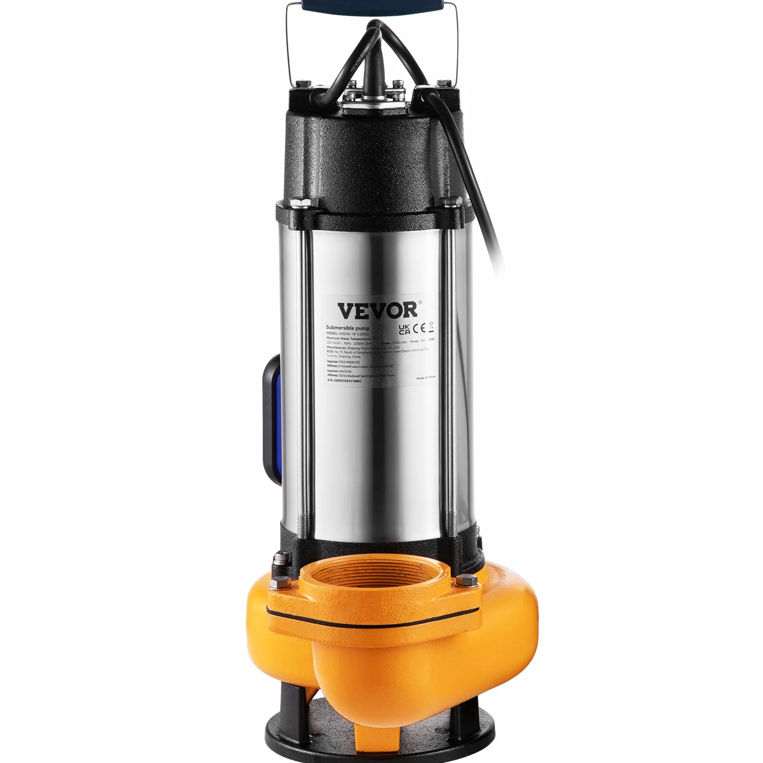 VEVOR 2200 W 3HP, zatapialna pompa do ścieków, maksymalny przepływ 1000 l/min, pompa brudnej wody maksymalne podnoszenie 18 m do basenów, piwnic, stawów