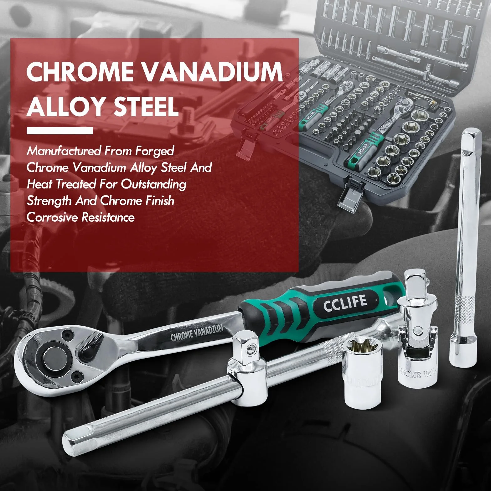 CCLIFE 187-częściowy zestaw nasadek Cr-V 1/2" 1/4" 3/8" 72 zęby