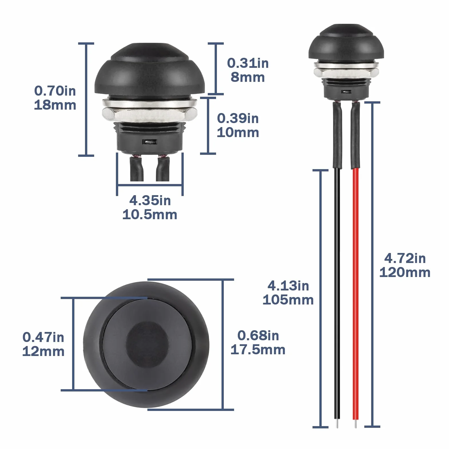 VEXUNGA Przełącznik chwilowy 12 mm, mini przycisk chwilowy, przycisk WŁ. WYŁ., wodoszczelny, okrągły przycisk, z kablem, czarny (6 sztuk)