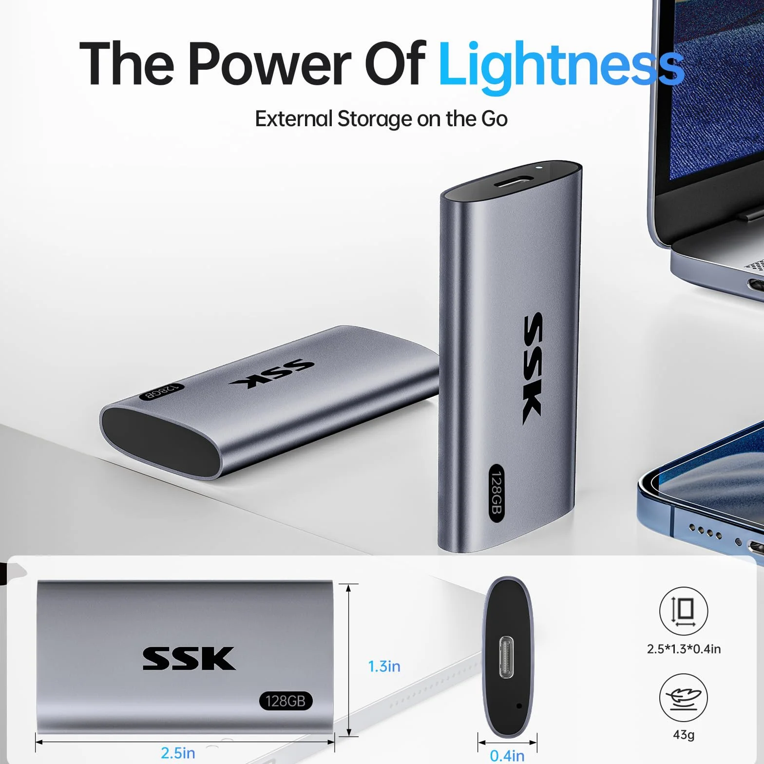 SSK Przenośny zewnętrzny dysk SSD 128 GB, ultraszybka prędkość do 550 MB/s Zewnętrzny dysk półprzewodnikowy USB 3.2 Gen2 USB-C Mini Zewnętrzny dysk SSD do laptopów, urządzeń typu C