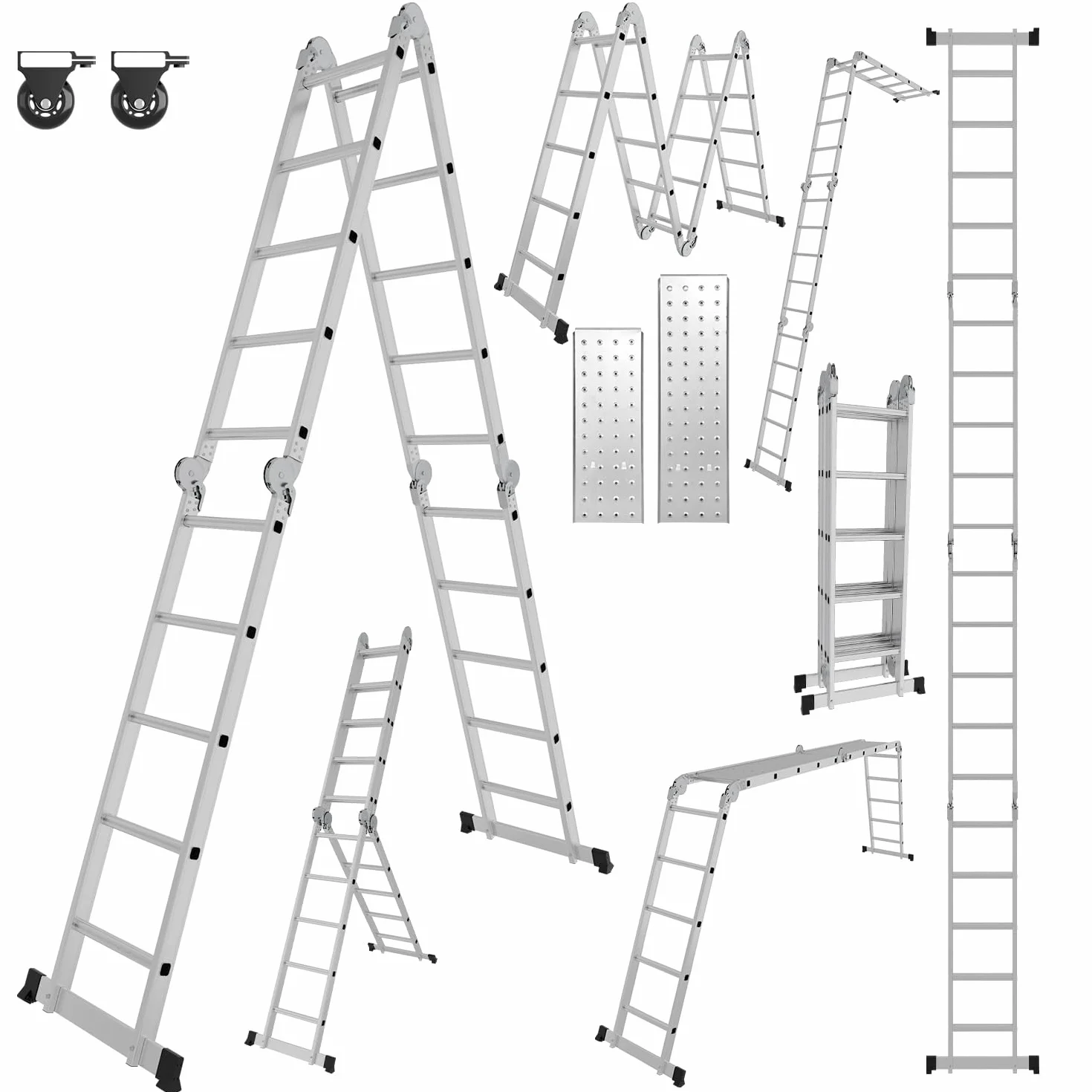 drabina wielofunkcyjna 7 w 1, 4 x 4 stopnie, 4,7 m, aluminiowa drabina wielofunkcyjna 7 w 1, do 150 kg, wielofunkcyjna drabina z 2 rolkami transportowymi i 2 platformami, składana drabina