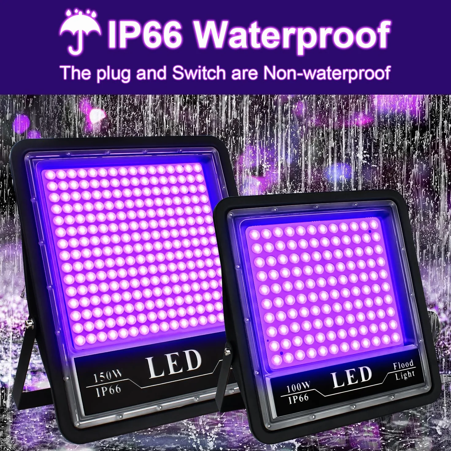 Eleganted 2 szt., 150 W, czarne światło UV, 395-405 nmLED, czarne światło świetlne, IP66, wodoodporne światło UV na imprezę czarnego światła, GLOW, obraz fluorescencyjny, obraz ciała, Halloween