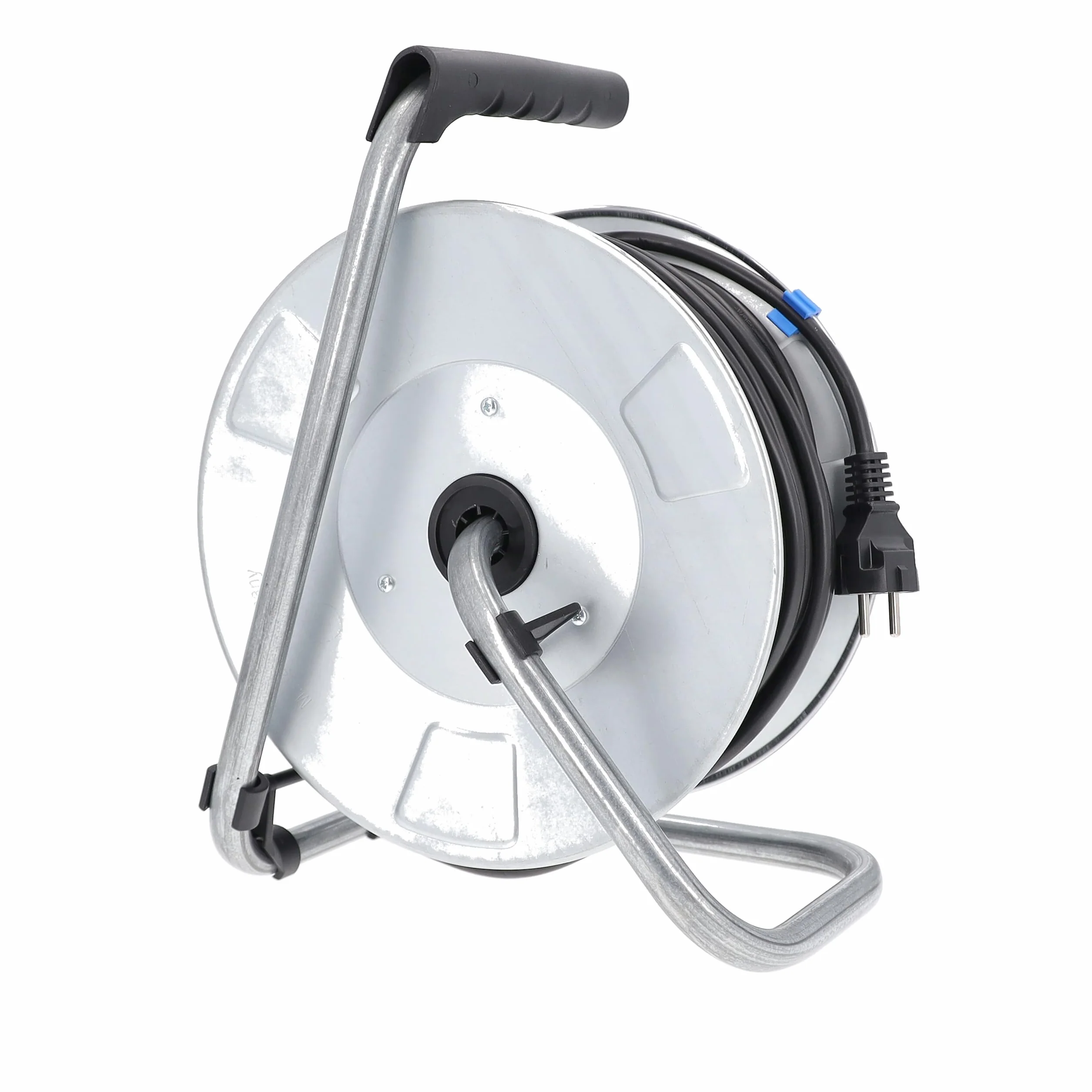 as - Schwabe Metall-Kabeltrommel – mit 50 m Kunststoffmantelleitung 230 V / 16 A – Verlängerungskabel-Trommel mit 4 Schutzkontakt-Steckdosen – IP20 – Made in Germany – Silber I 10319