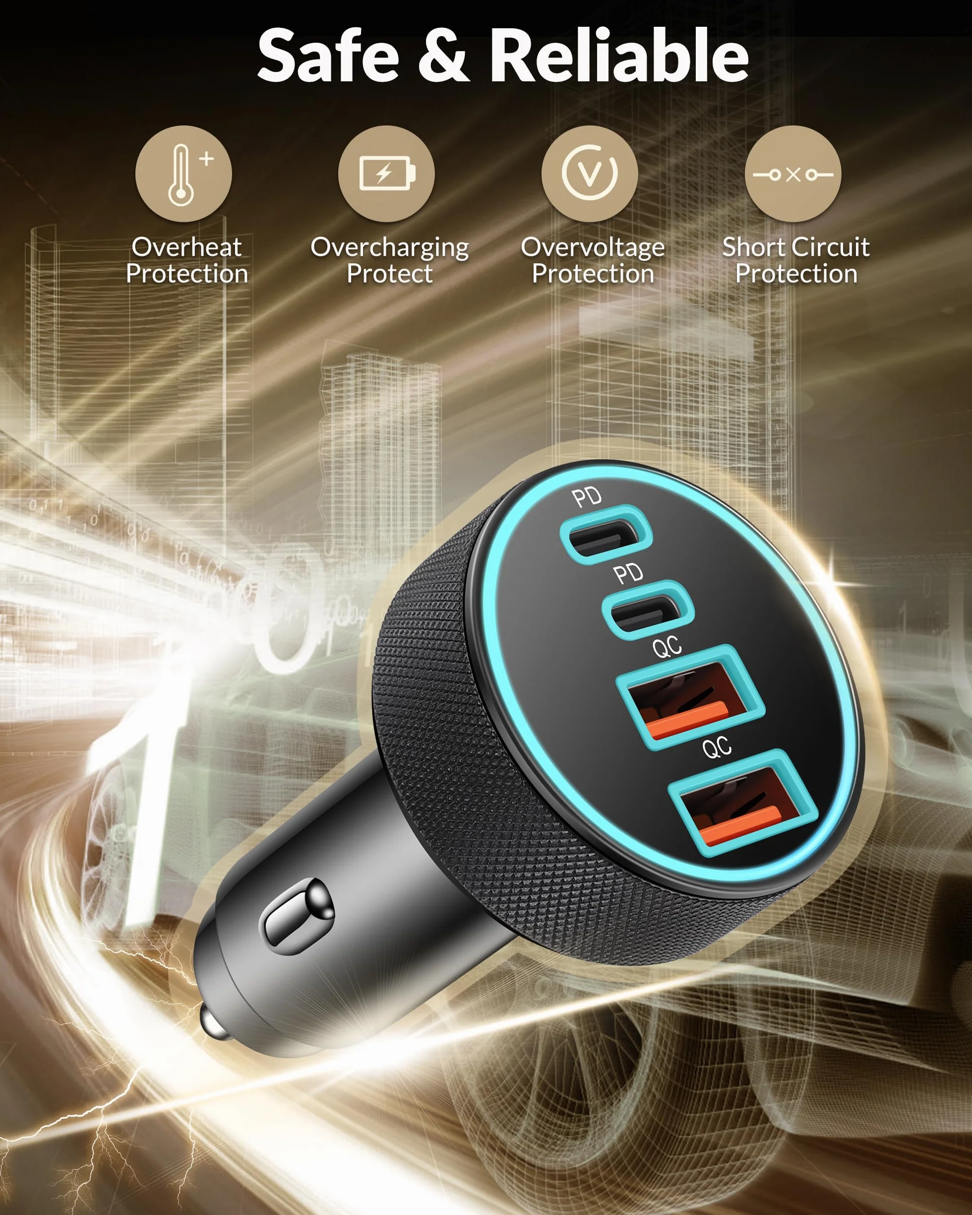 90W USB-C Car Charger With 4 Ports PD/QC Fast Charging 12V Compatible with iPhone 16 15 14 13 12 Pro Max, Samsung Galaxy S24 S23 S22 Ultra, Google Pixel 9 8 7 6