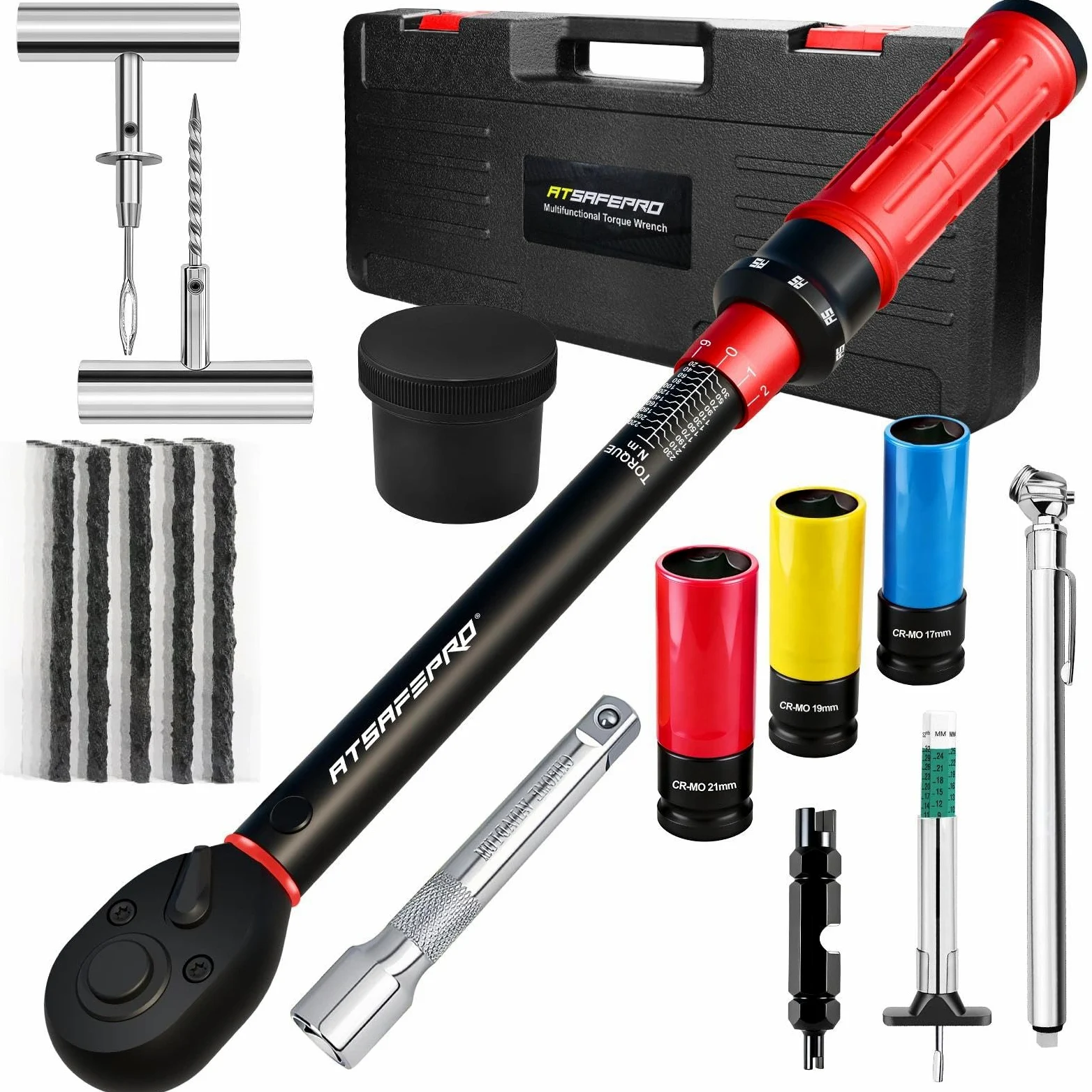 ATsafepro 12-częściowy Klucz Dynamometryczny 1/2'', 20-230Nm Zestaw Kluczy Dynamometrycznych Z Zestawem Do Naprawy Opon, Manometrem Oponowym I Miernikiem Głębokości Bieżnika, Dokładność ±3%
