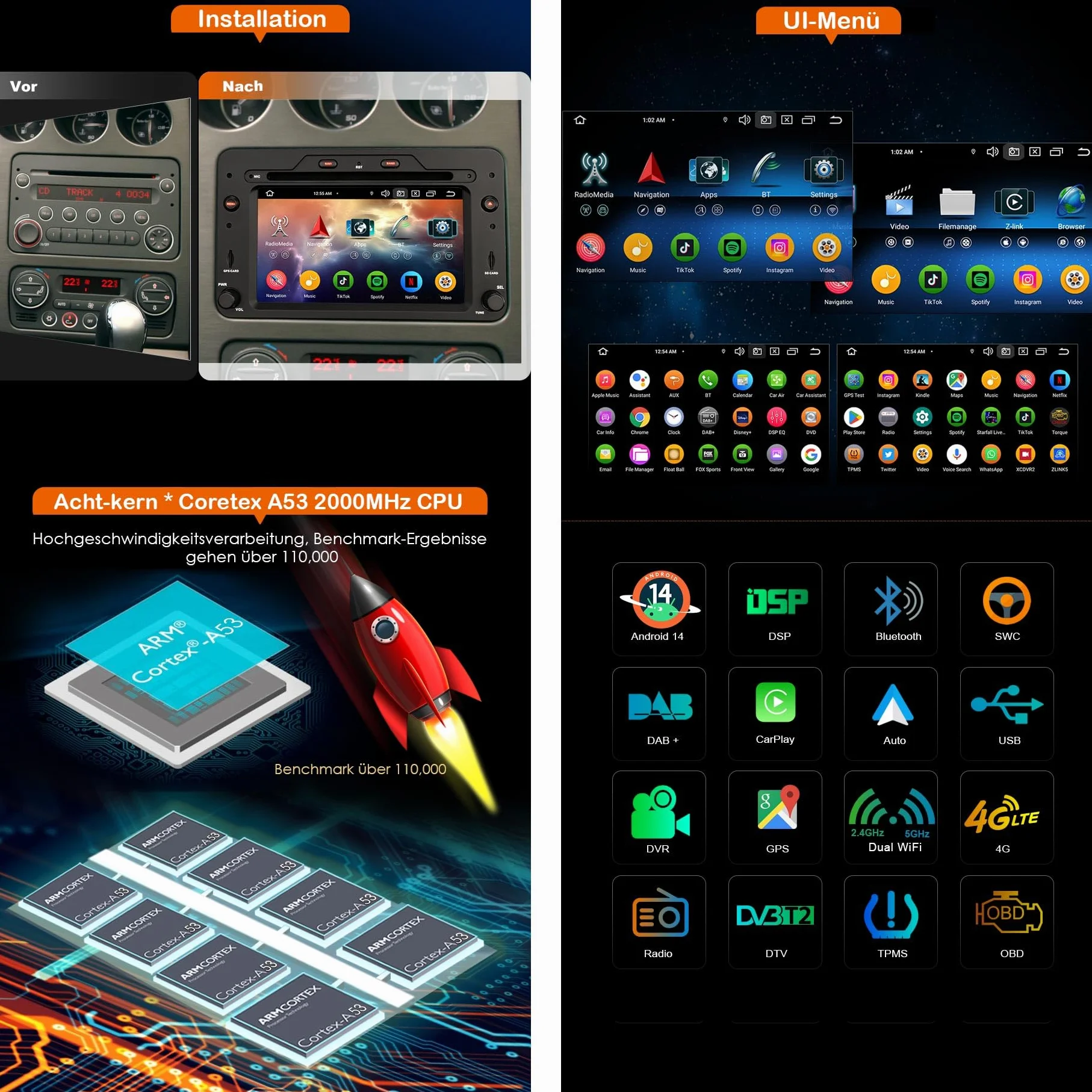 Erisin Android 14 radio samochodowe GPS nawigacja 8-rdzeniowy 4 GB 64 GB do Alfa Romeo Brera Spider 159 Sportwagon CarPlay Android Auto DAB+ Bluetooth 5.0