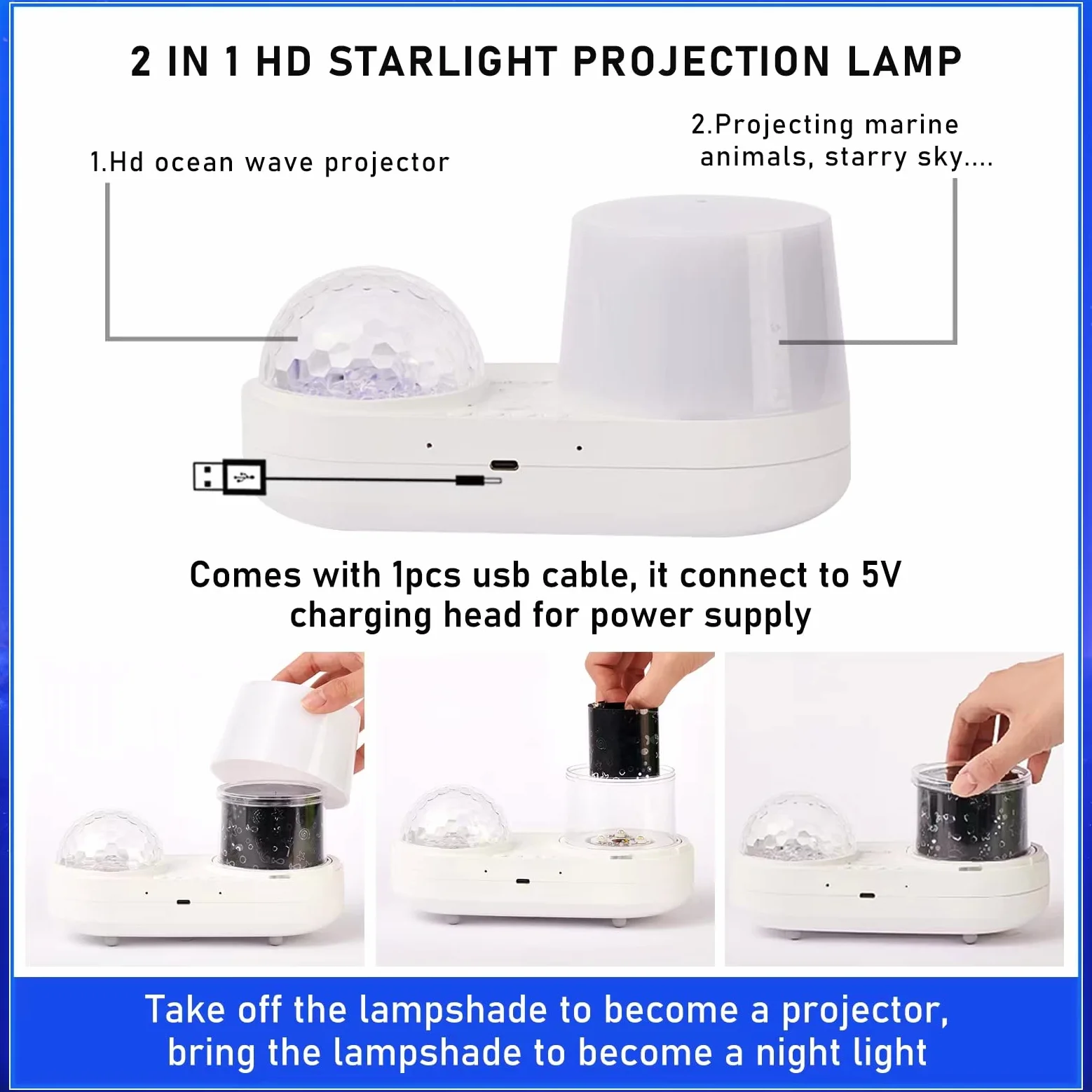 Projektor światła nocnego oceanu, dziecięcy projektor galaktyki do sypialni, mgławica, projektor gwiazd z kablem USB, obrót o 360 stopni, lampka nocna dla dzieci, do dekoracji imprez