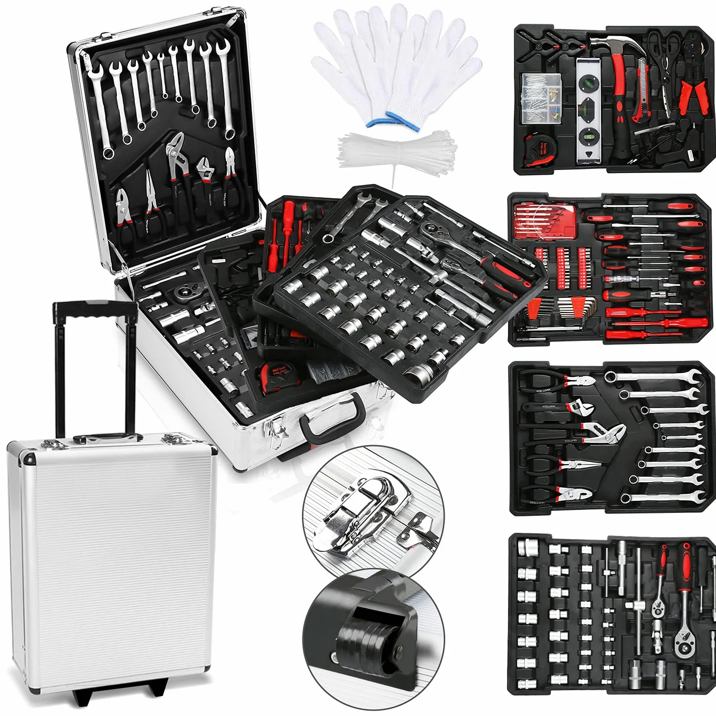 Herrselsam 1031-częściowy zestaw narzędzi do gospodarstwa domowego, skrzynka na narzędzia, zamykana torba na narzędzia, walizka na kółkach z 4 poziomami, walizka na narzędzia z kółkami